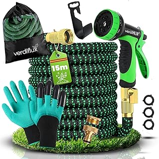 Manguera Jardin 15 metros con 10 Funciones de Riego, Manguera Extensible con Conectores 3/4" y 1/2", 2 Guantes Incluidos, Manguera de Alta Resistencia Ligera y Duradera, Color Verde Verdiflux