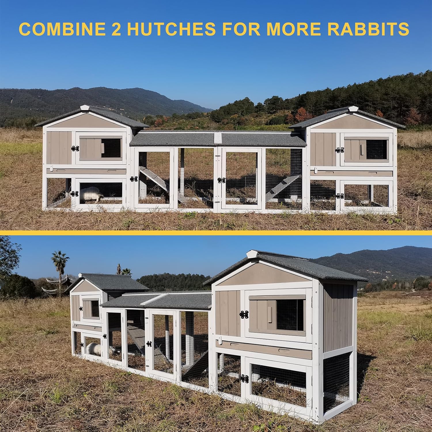 PetsCosset 114" L Rabbit Hutch Indoor and Outdoor 2-Story Rabbit Cage with Pull Out Tray,Fir Wood Guinea Pig Cages with Wooden Ramp,Waterproof Bunny Cage Indoor Bunny Hutch with 2 Asphalt Roofs,Grey