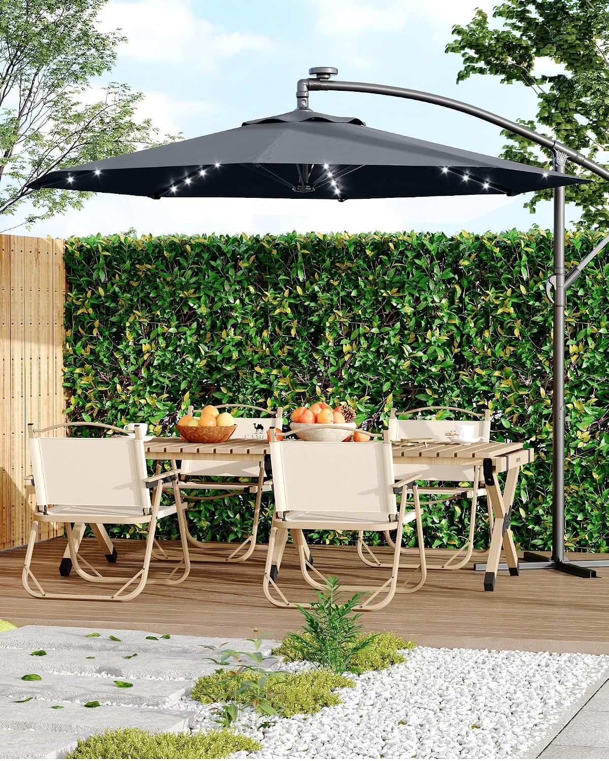 10FT Offset Patio Umbrella with Solar LED Lights, 8-Rib Cantilever Outdoor Umbrella with Tilt Function, UV-Resistant Canopy, Heavy Duty Cross Base for Backyard, Poolside, Deck