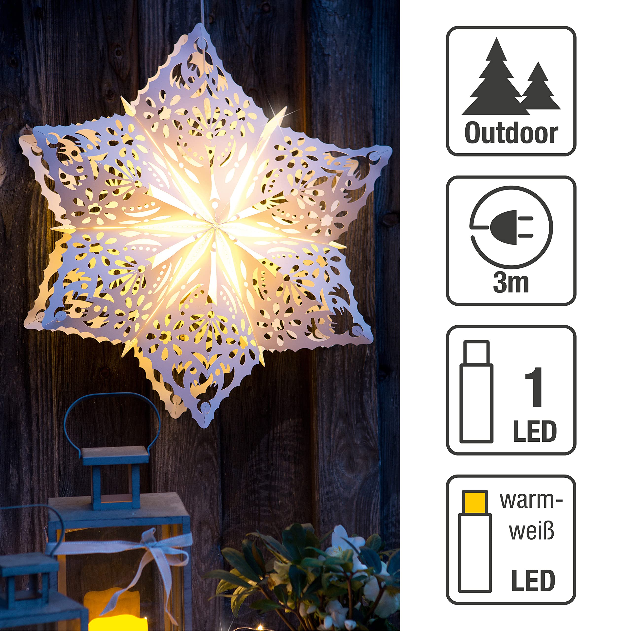 HELLUM Weihnachtsstern Auen und Innen, Stern Papierstern zum aufhngen mit  E14 Lampenfassung, wei Stern Weihnachtsdeko Fenster mit 3m Netzkabel mit  Schalter, Weihnachtsbeleuchtung auen, 577792 : Amazon.de: Beleuchtung