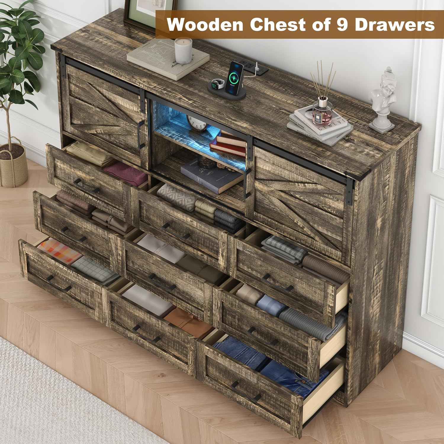 Dresser for Bedroom with 9 Drawers, 43" Tall Wood Chest of Drawers with Sliding Barn Doors, Led Lights, Modern Dresser TV Stand, Wooden Closet Storage Organizer for Living Room, Hallway, Entryway, Oak