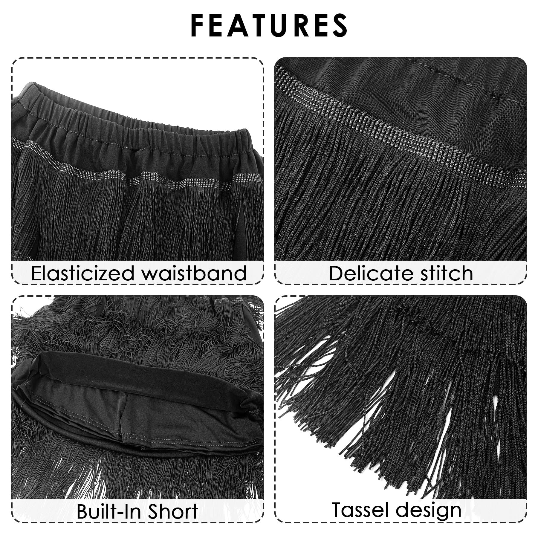 SEAUR Damen Tanzrock Salsa mit Fransen Mädchen Rock Lateinamerikanisch Elegant mit eingebauten Shorts für Rumba Tango Samba