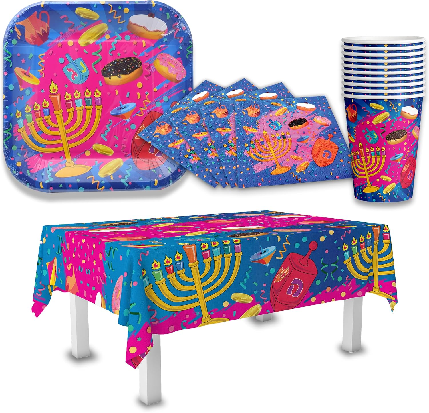 Izzy 'n' Dizzy Hanukkah Paper Goods Set - Mega Pack - Serves 10 - Plates, Cups, Napkins, Tablecloth