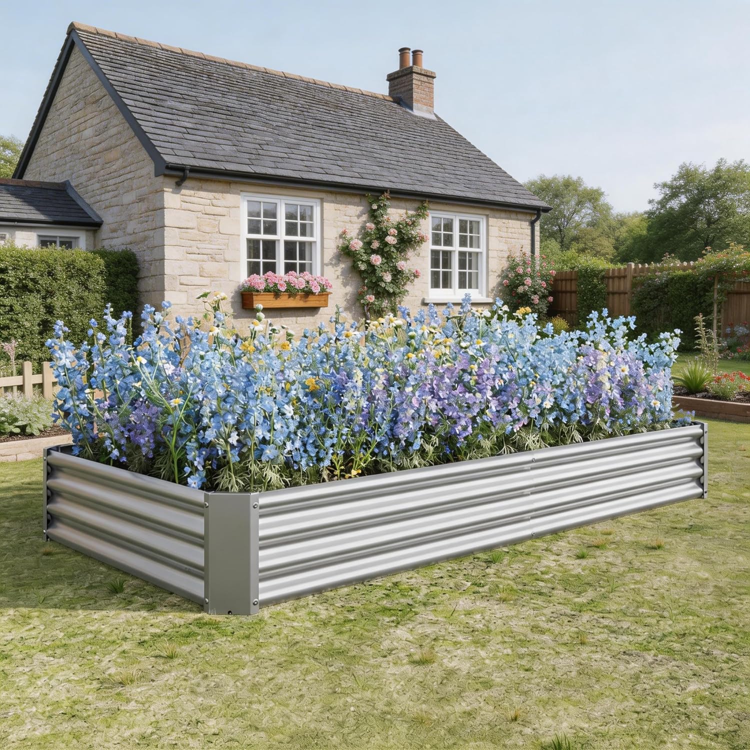 Large Galvanized Raised Garden Bed Kit (7.6x3.7x0.98ft) – Spacious Rectangle Planter Box for Vegetables, Fruits, Flowers & Herbs, Outdoor Metal Garden Bed with Rust-Resistant, Silver