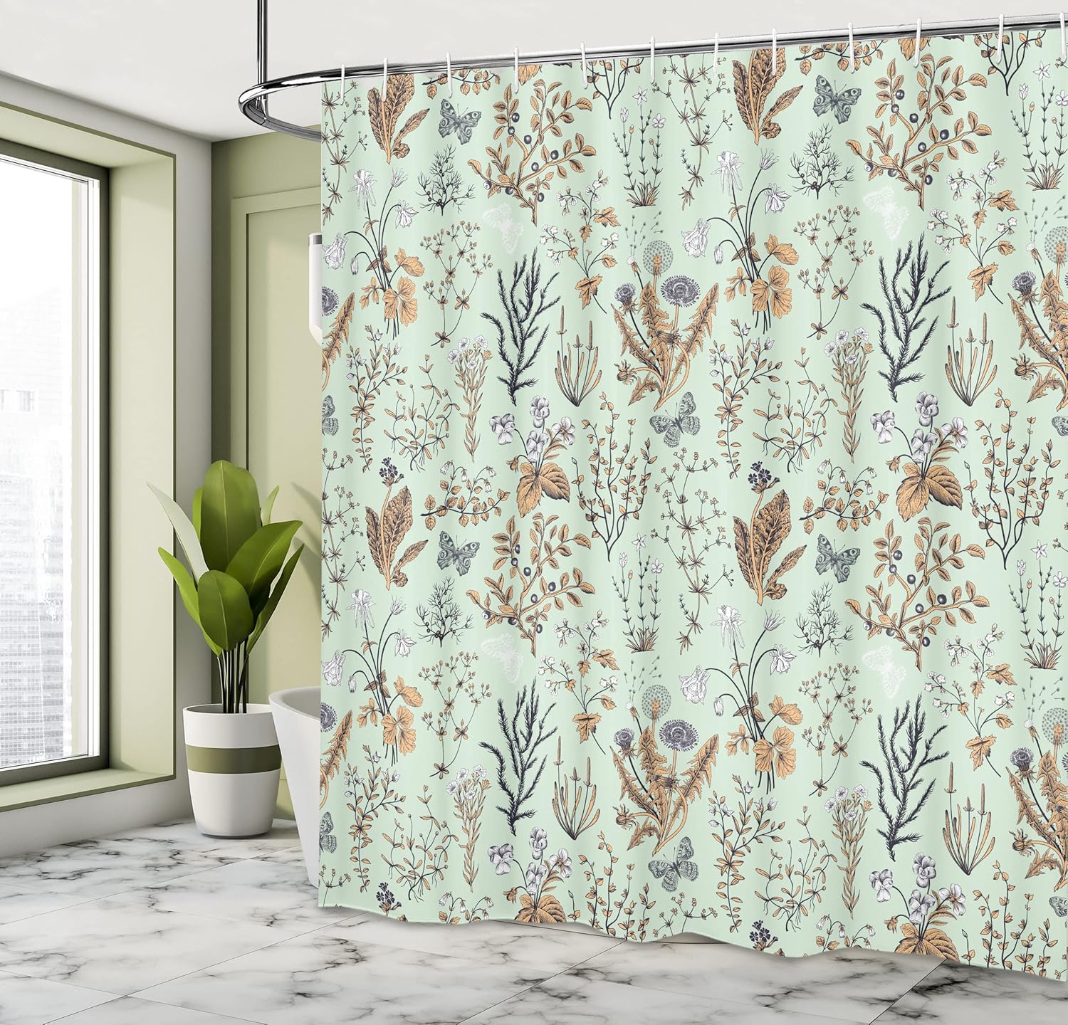 Ambesonne Floral Shower Curtain, Vintage Garden Plants Herbs Flowers Botanical Classic Design Illustration, Cloth Fabric Bathroom Decor Set with Hooks, 69" W x 70" L, Pale Seafoam