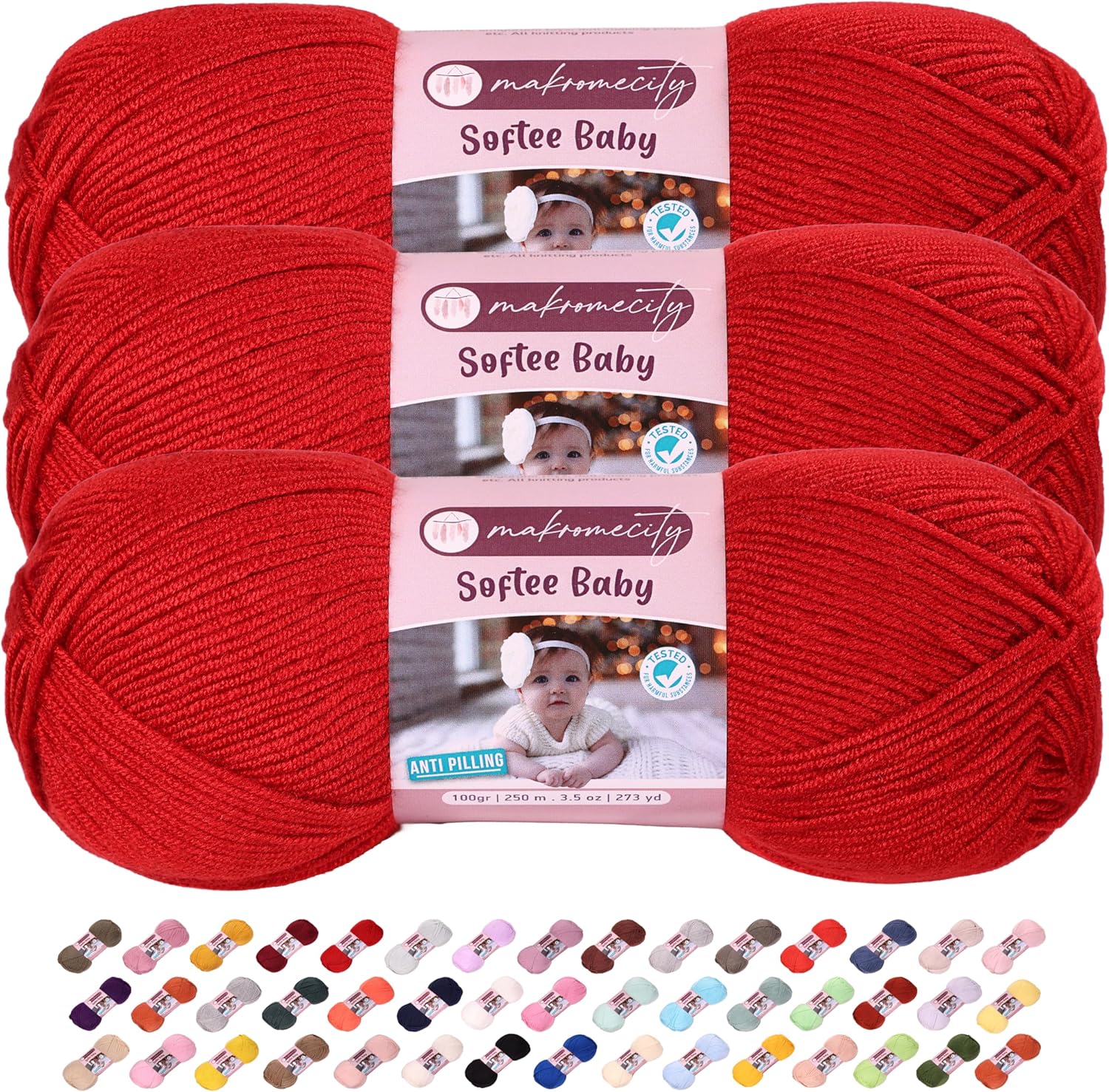 3 Skeins of Makromecity Softee Baby Yarn,%100 Premium Anti-Pilling Acrylic, 3.5 Oz, 273 yd (100gr/250 mt) Each, Soft Yarn for Crocheting and Knitting (Red, 3 Skeins)