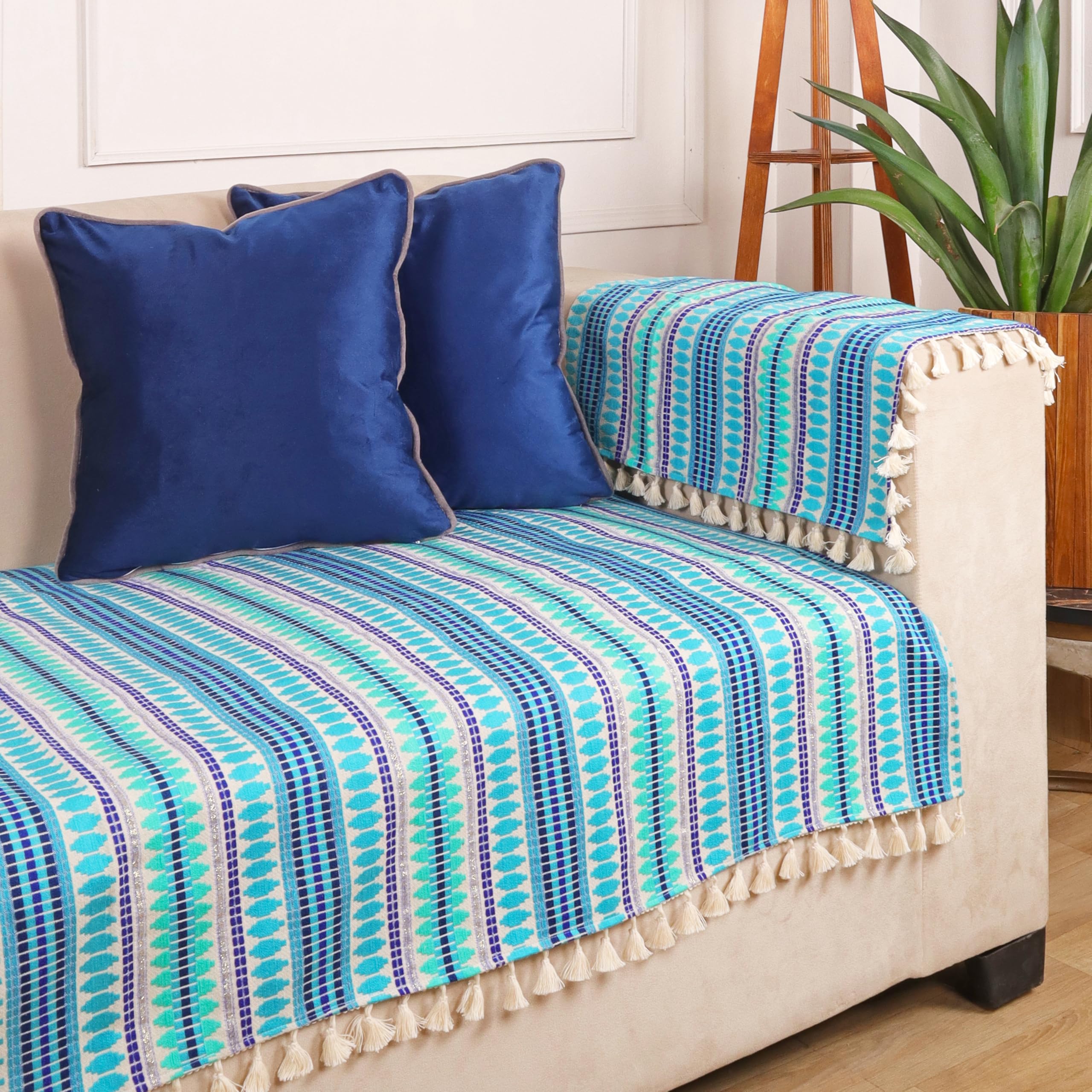 STITCHNEST Woven 2 Seater Sofa Protector with 2 Hand Rest Covers – Blue & White Stripe Design – Washable Fabric with Tassels – Stylish Sofa Cover for Modern Living Room & Furniture Décor