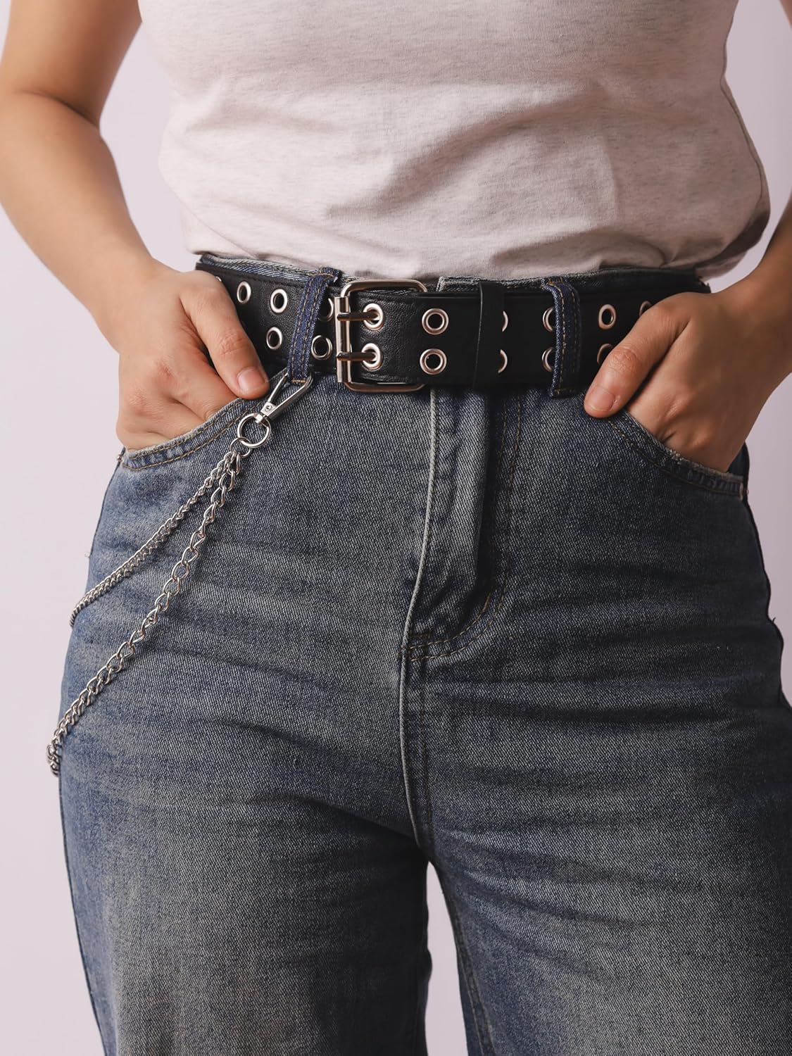 Sacina Black PU Leather Belt With Detachable Chain, Emo Punk Grunge Jewelry, Gothic Black Studded Belt for Women, Goth Accessories - Image 2