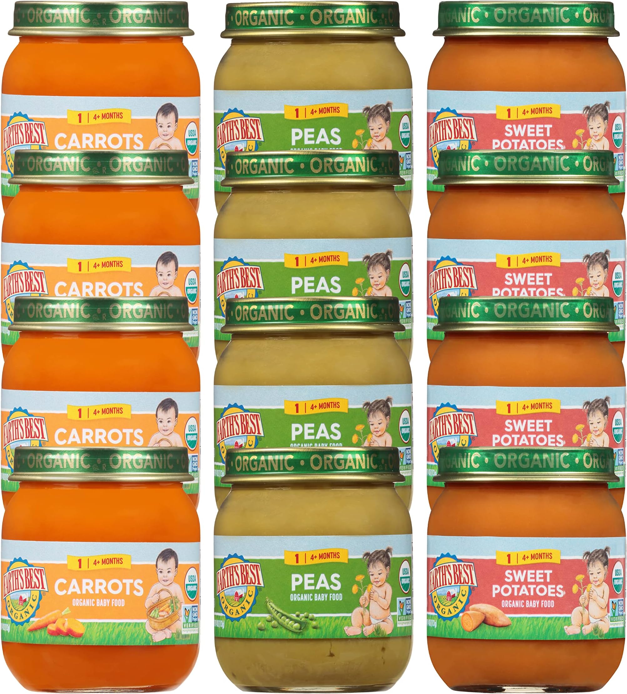 Earth's Best Organic Baby Food Jars, Stage 1 Vegetable Puree for Babies 4 Months and Older, Organic Veggie Variety Pack, 4 oz Resealable Glass Jar (Pack of 12)