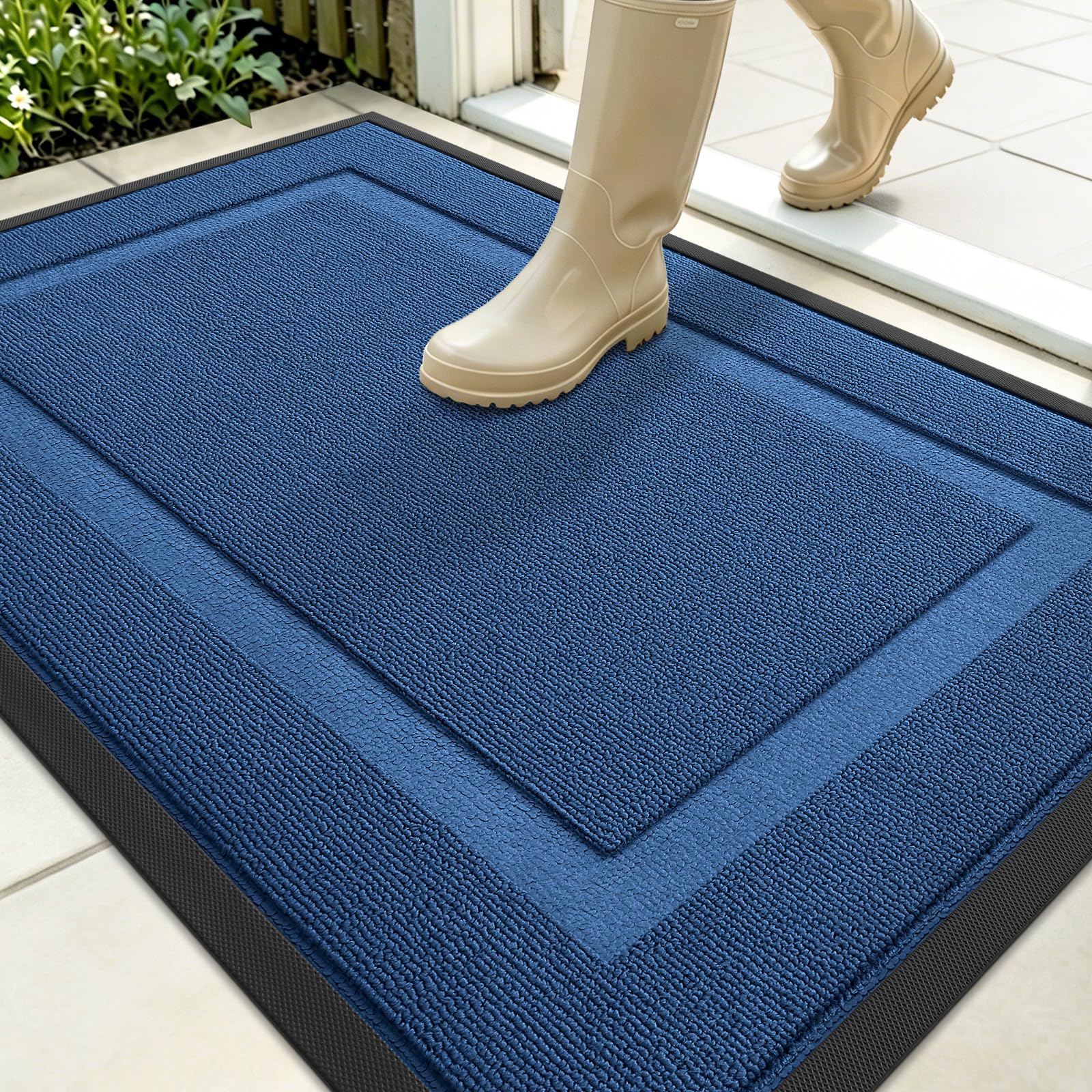 OLANLY Front Door Mat Outside 35x23, All-Season Heavy-Duty Rubber Doormat | Navy Blue, Absorbent, Stain Fade Resistant, Waterproof Non-Slip Backing, Low-Profile Indoor Outdoor Floor Mat for Entryway