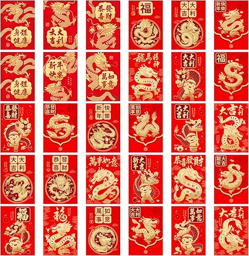 60 sobres rojos chinos 2024, sobres rojos dragón, sobres rojos del año del dragón, paquetes rojos Hong Bao, paquetes de dinero de la suerte del año