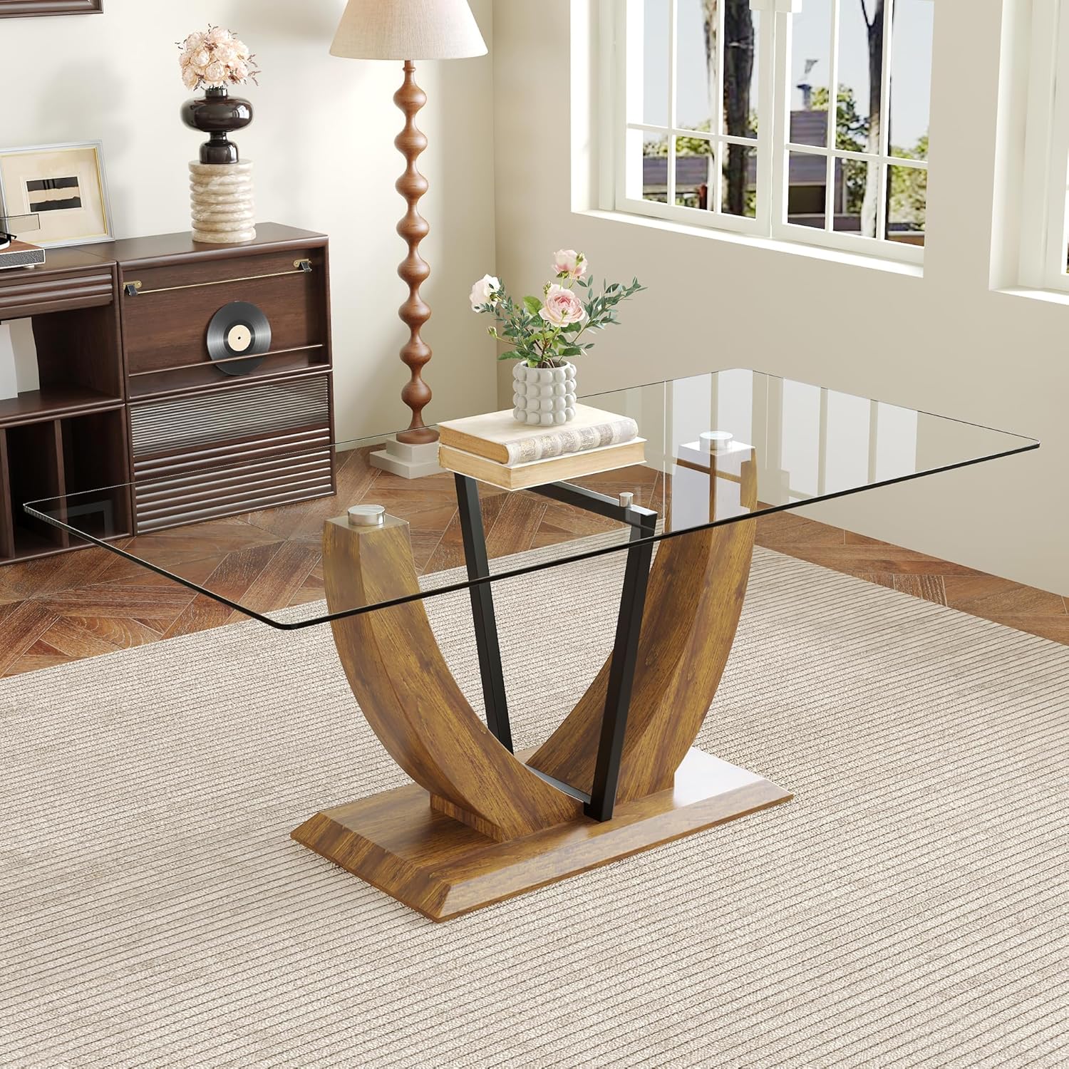 71" Glass Dining Table, Modern Kitchen Table for 6-8, Large Rectangle Dinner Table with Tempered Glass Top and Wooden Base for Dining Room, Kitchen