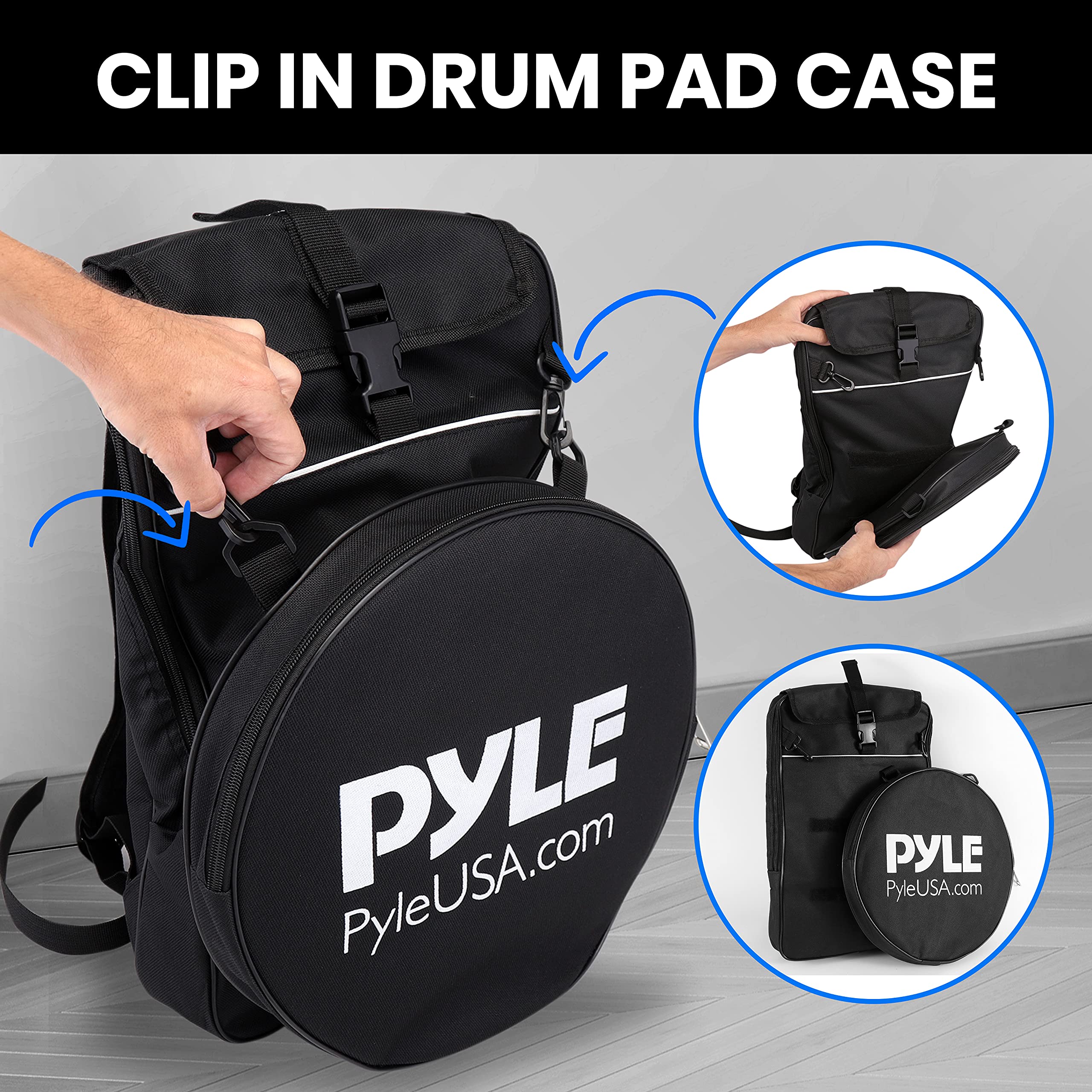 Pyle PSDPKIT10.5 - Juego de almohadillas de práctica de 12 pulgadas con soporte de caja, almohadilla silenciosa de goma de doble cara con accesorios de batería, montaje en rack ajustable, par de