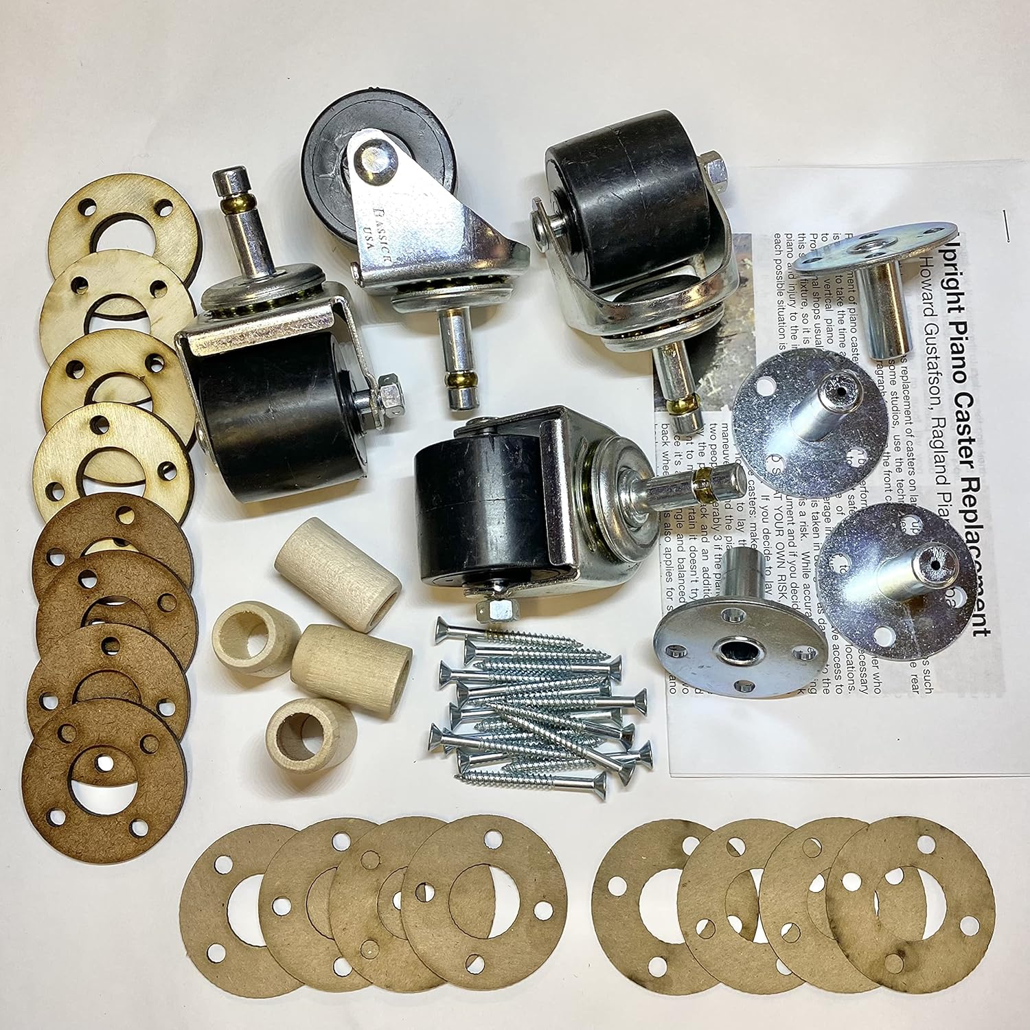 Wide Poly Wheel Caster Kit/Set for Upright/Vertical Piano With Installation Hardware/Shims