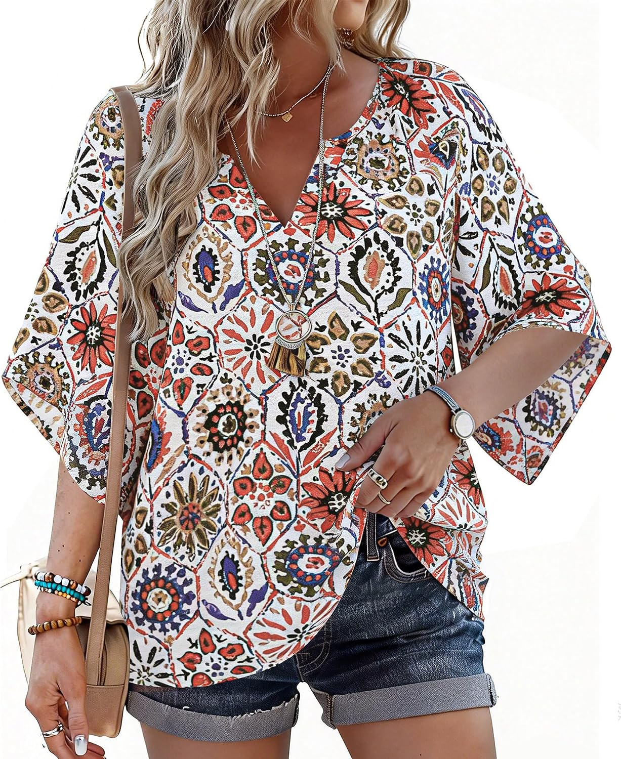 Womens Boho Tops 3/4 Sleeve V Neck Cotton Tunic Flowy Shirt – Casual Loose Fit Summer Bohemian Peasant Blouse