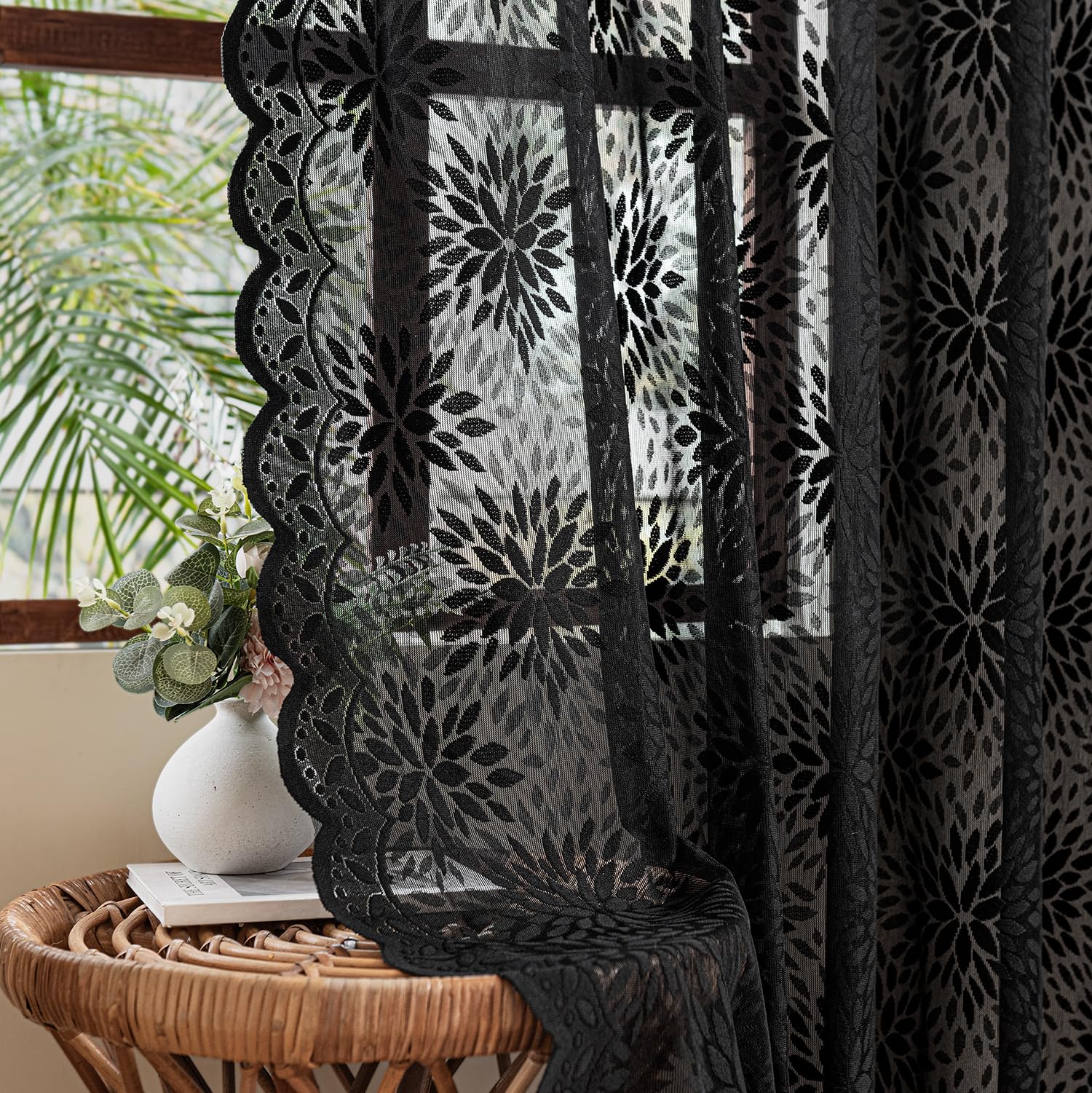 MIULEE Black Floral Lace Curtains 2 Panels, Black 52" W x 36" L