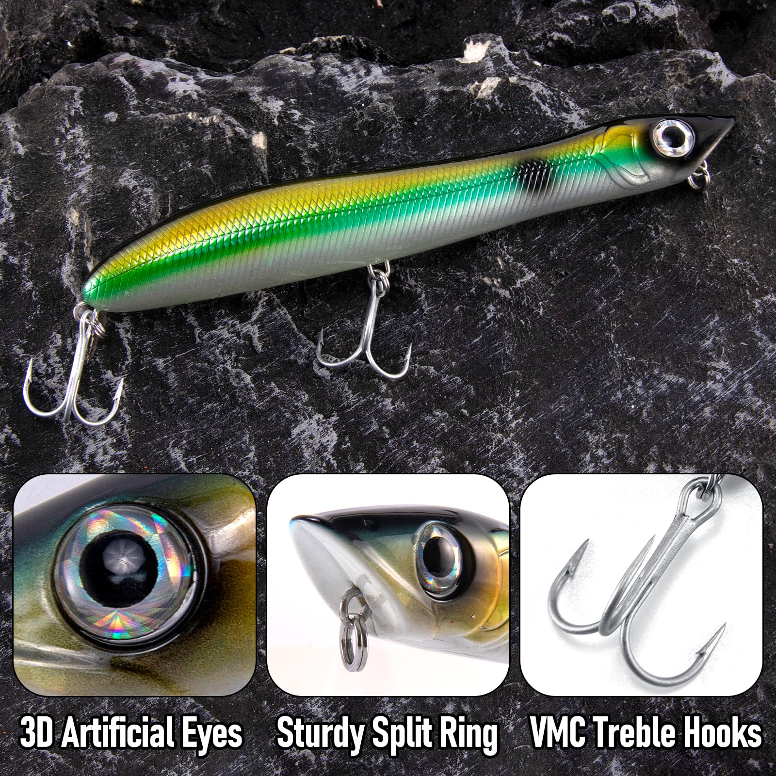 Dr.Fish Lure for SeaBass 140mm/26g Treble Hooks Laser Scale Popper Lure for Pike Bass Trout Surface Fishing(Ink) - Image 3