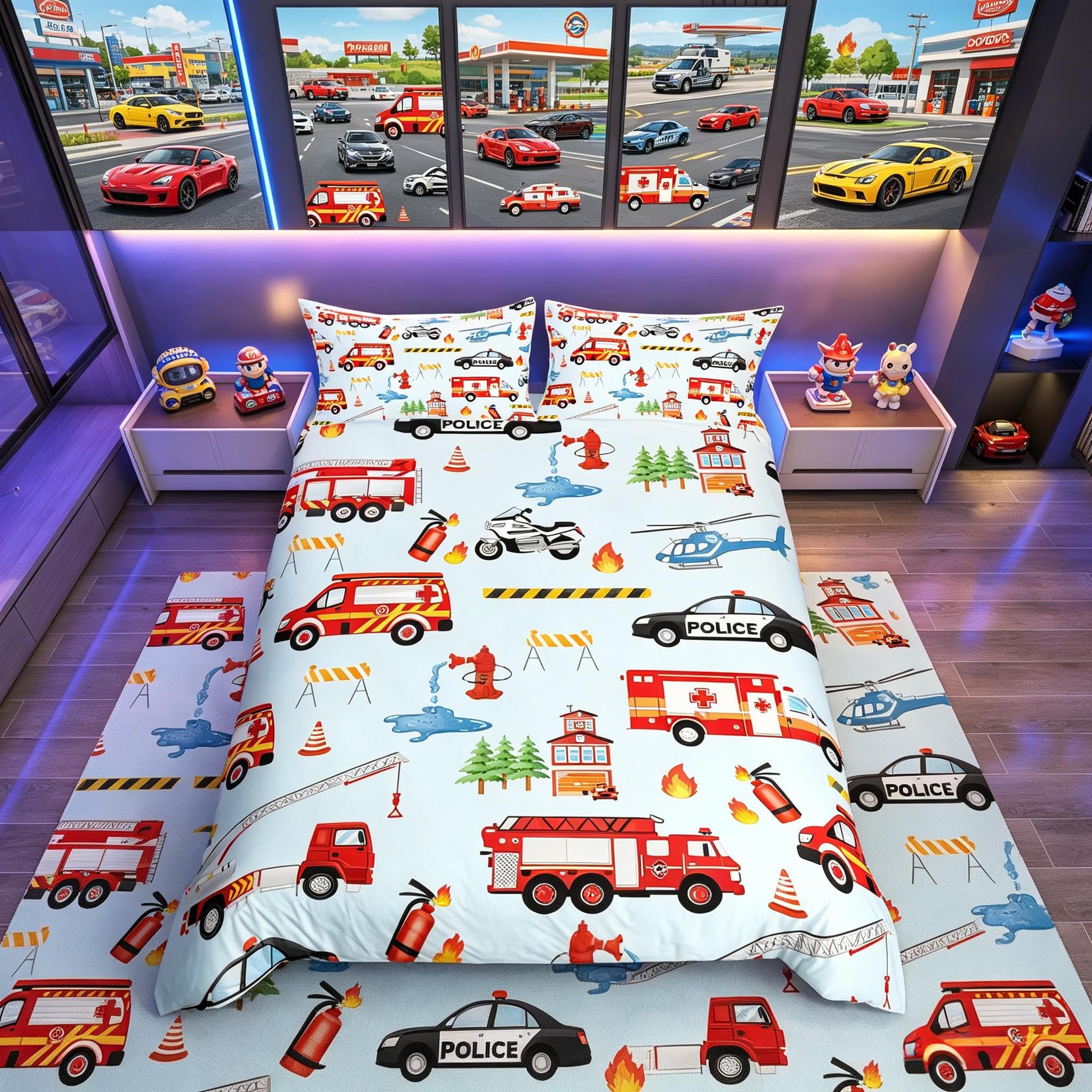 Homemissing Children'S Fire Truck Bedding Set King Police Car Truck Bedding Motorcycle And Airplane Bedding Set Boys' And Teenagers' Transport Vehicle Car Bedding