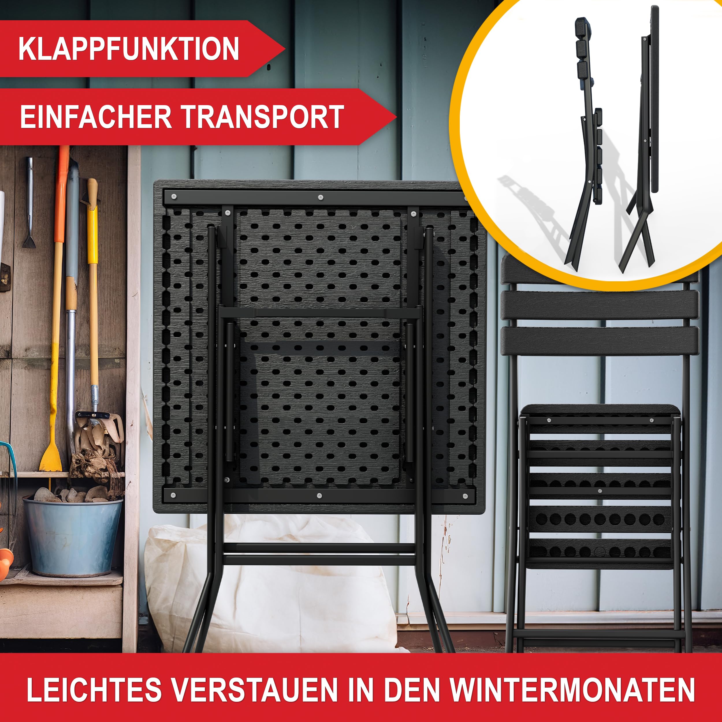 Onbest Balkontisch Set für 2 Personen – 3 teilig – Tisch mit 2 Stühlen – Klapptisch aus robustem Kunststoff in Holz Optik– klappbar – wetterfest – für Balkon, Garten & Terrasse