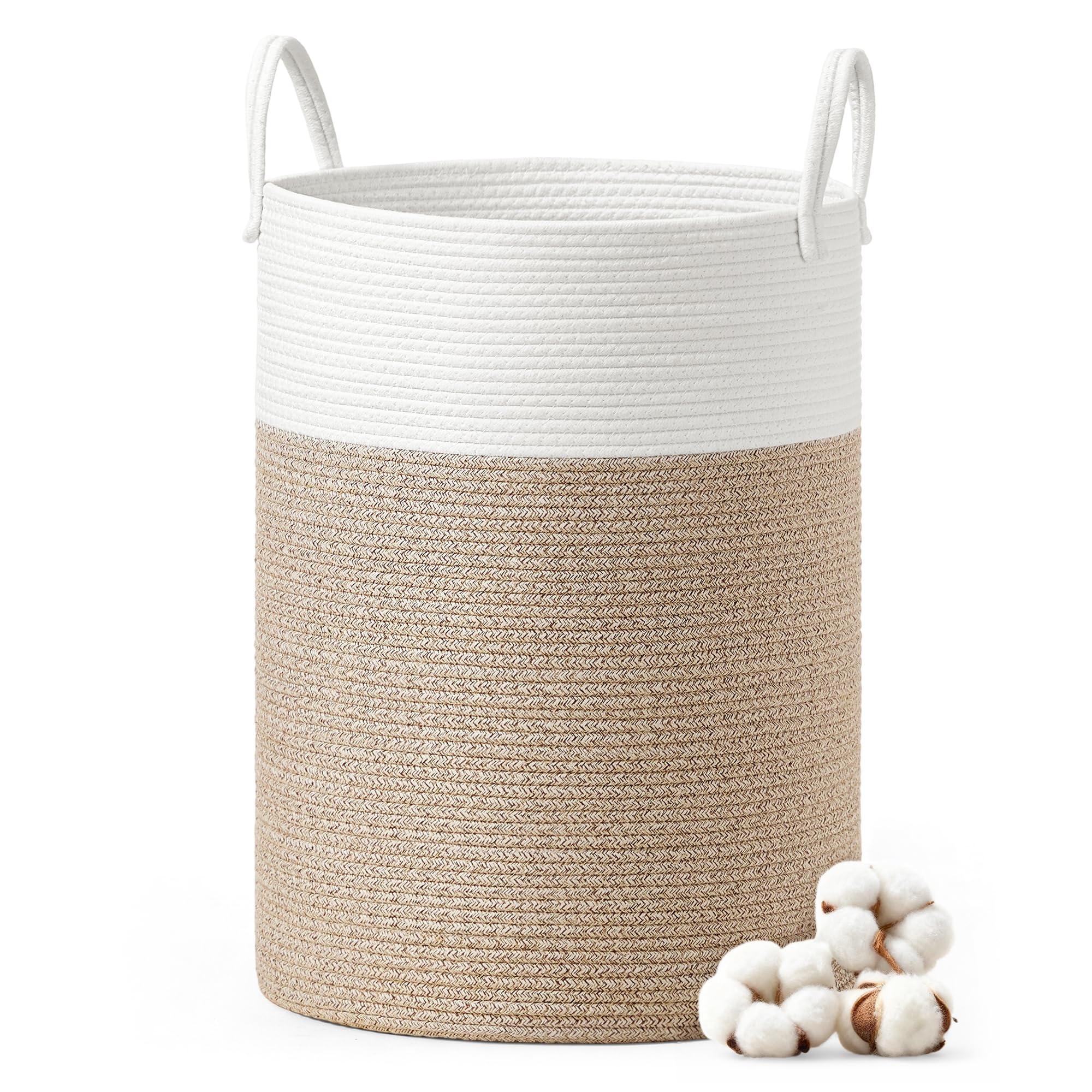 SONGMICS Cesto Portabiancheria, Cesto Biancheria Sporca per Bambini, Corda di Cotone con Manici, per Coperte, Porta Peluche, Camera da Letto, Cameretta, 80 L, Bianco e Marrone Grigiastro RLH062LZ01