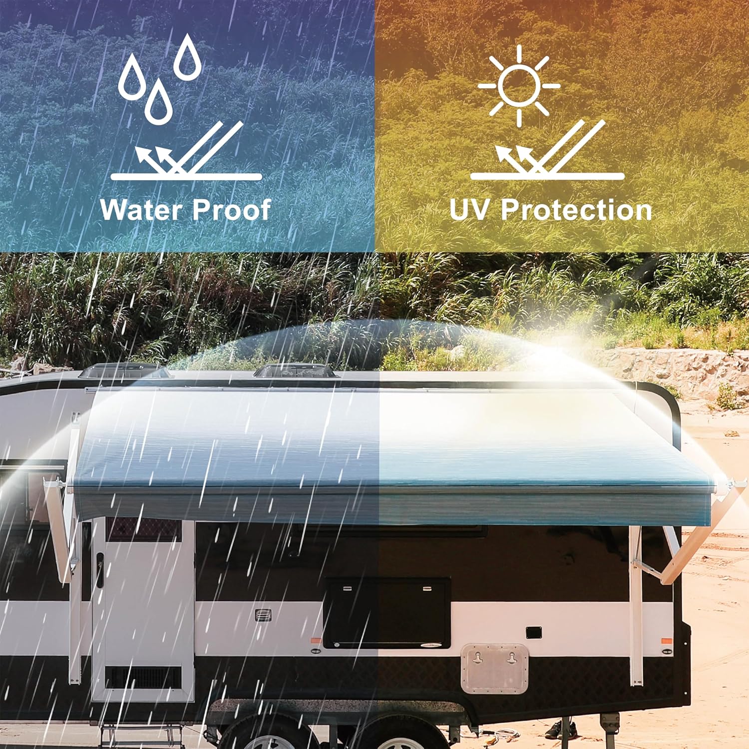 Graphic illustrating waterproof and UV protection features of the awning fabric.