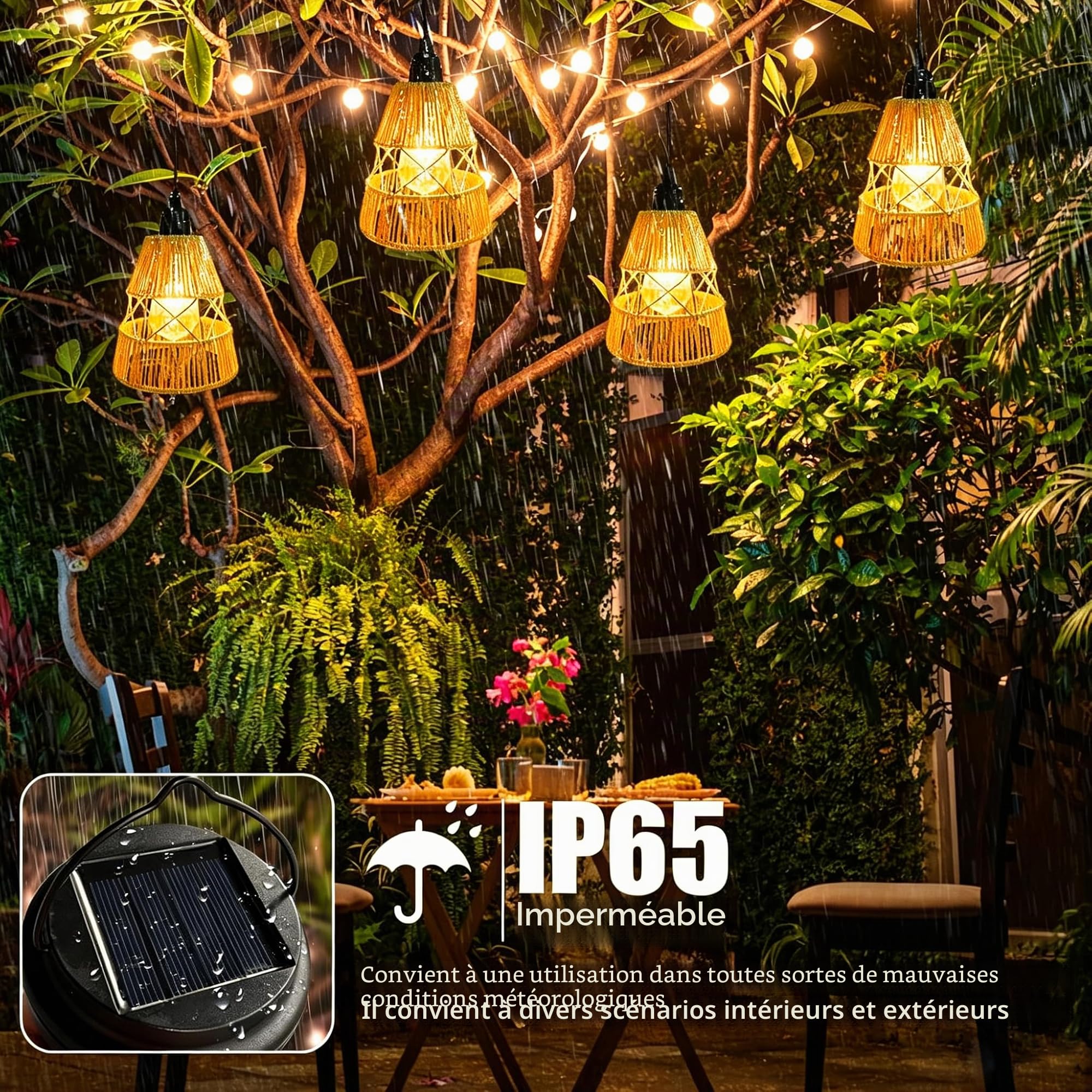 Lanterne Solaire Extérieur 2 Pièces, Lampe Solaire Suspendue Tressée Boho en Chanvre Étanche, Décoration Jardin