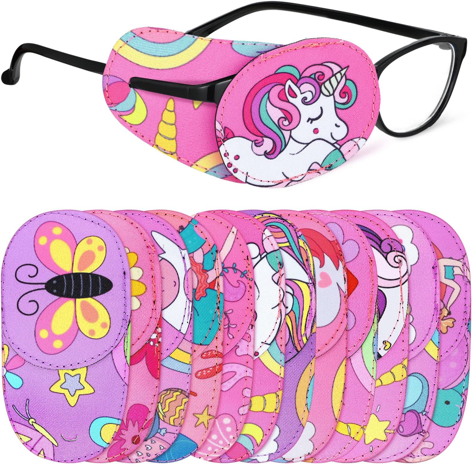 Newcotte 12 Pcs Eye Patch for Kids Toddler Reusable Adjustable Girls Boys Eyepatch for Glasses Left or Right Eye Patch, Assorted Patterns(Cute)