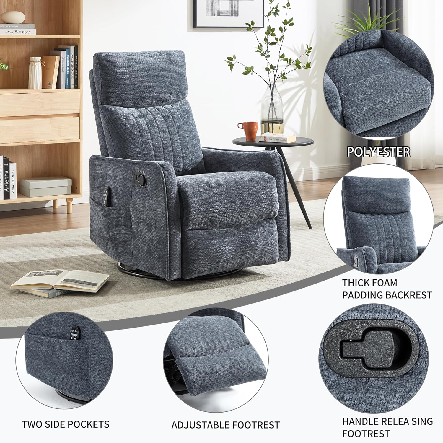 Swivel Rocker Recliner Chair, Nursery Rocking Chair with Heat and Massage, Glider Reclining Chair for Living Room Small Space Bedroom, Chenille Blue
