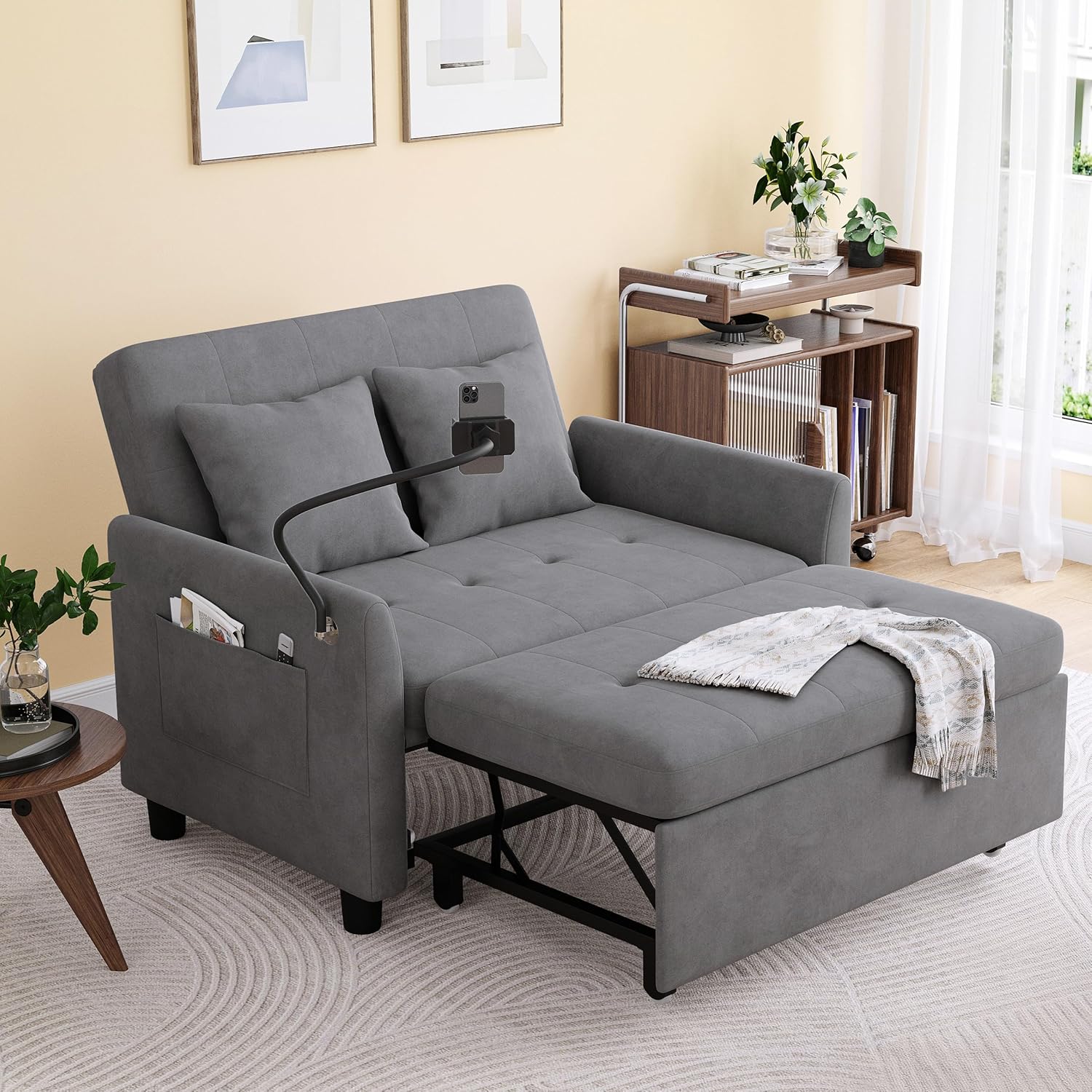 Sleeper Sofa Bed, 3 in 1 Convertible Sleeper Couch Bed Pull Out, Small Loveseat Sofa, Futon Sofa Bed, 46" Velvet Love Seat with Pillow and Phone Holder for Living Room, Grey