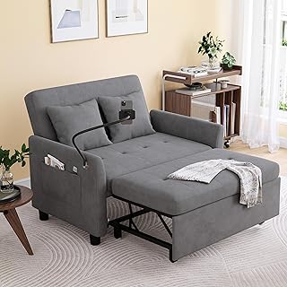 AYEASY Sleeper Sofa Bed, 3 in 1 Convertible Sleeper Couch Bed Pull Out, Small Loveseat Sofa, Futon Sofa Bed, 46" Velvet Love Seat with Pillow and Phone Holder for Living Room, Grey