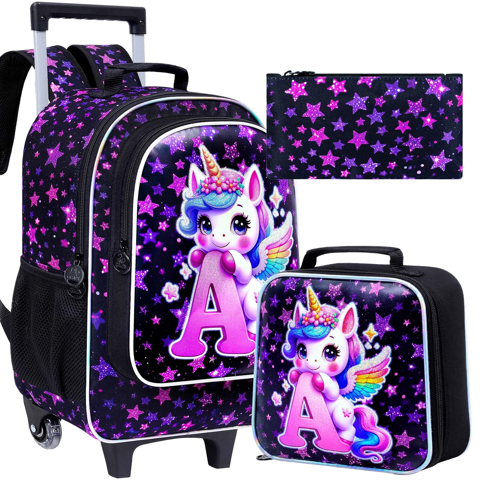 CCJPX 18" Unicorn Rolling Backpack for Girls, 3Pcs Kids Wheeled Bookbag with Lunch Box, Lightweight Roller School Bag for Elementary Preschool (Black)