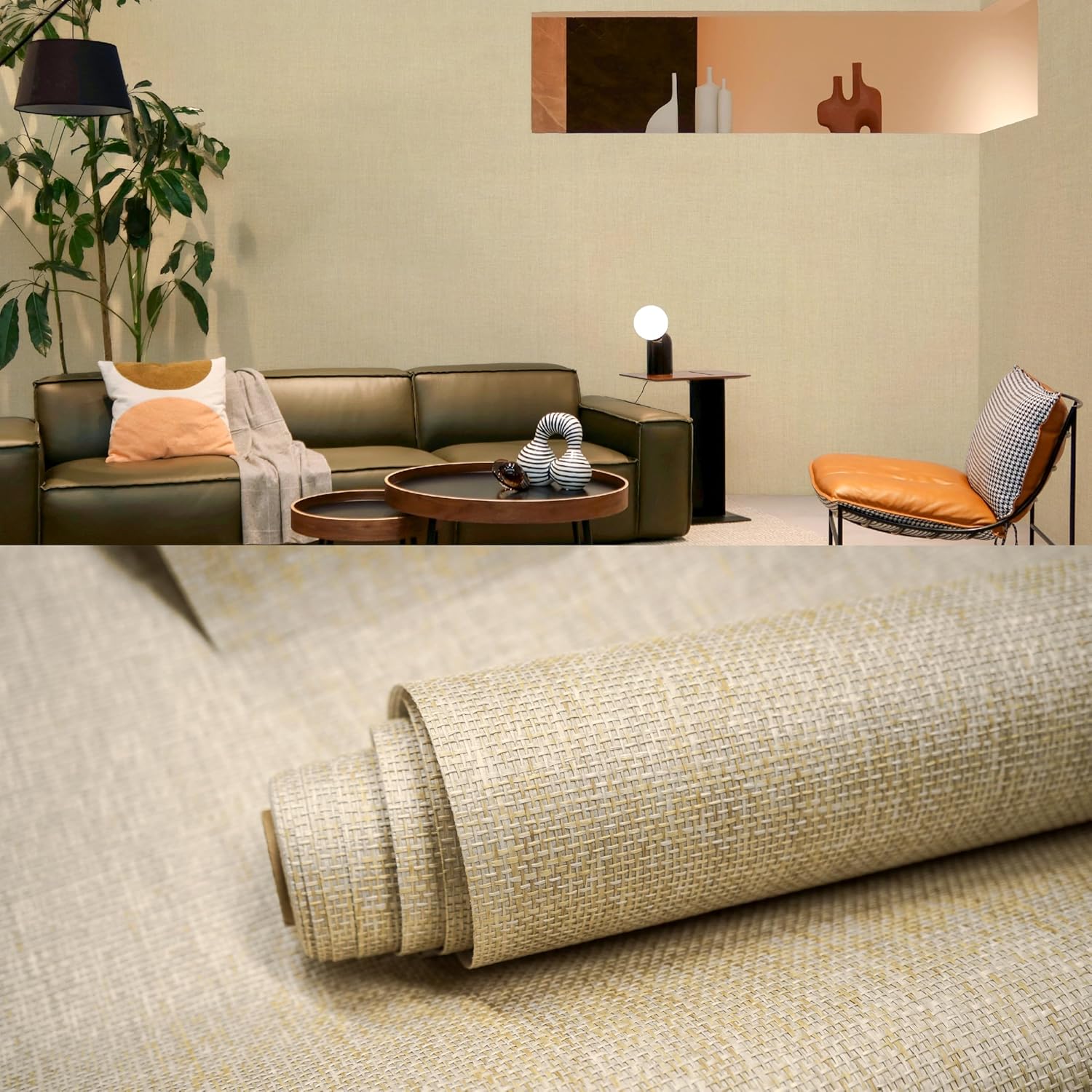 Ansehan Wallcovering W704 Terraces Collection 36" W x 8 Yard L, Natural Paper Weave Grasscloth Modern Texture Wallcovering for Living Room Bedroom Feature Wall, Sandstone/Ivory