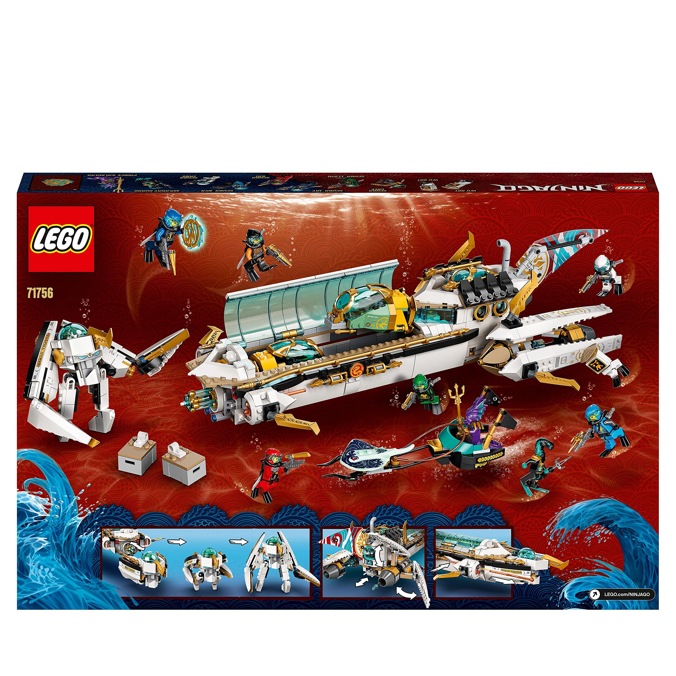 LEGO 71756 NINJAGO Wassersegler, U-Boot-Spielzeug mit 10 Ninja-Minifiguren inkl. Kai & NYA-Figuren, Geschenke für Kinder, Jungen und Mädchen ab 9 Jahre