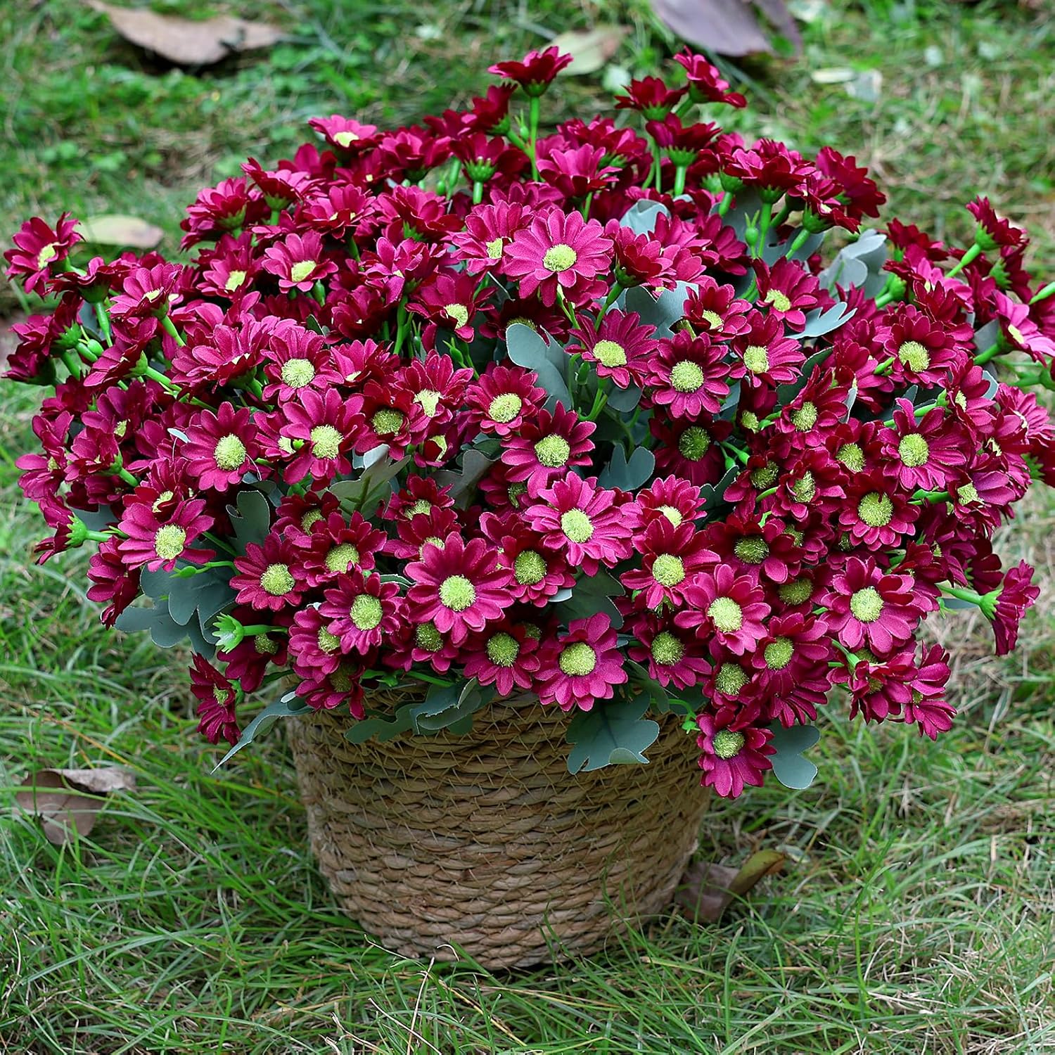 24 Bundles Artificial Daisy Flowers for Outdoor - Fake Mums Faux UV Resistant Daisies Plants Florals for Home Garden Patio Front Porch Outside Decorations - Maroon