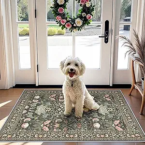 Washable 2x3 Entryway Area Rugs: Vintage Soft Floral Thin Doormat with Non Slip Backing Water Resistant Bathroom Laundry Rug for Kitchen Indoor Carpet for Bedroom Low Pile Floor Mat (2x3,Green)