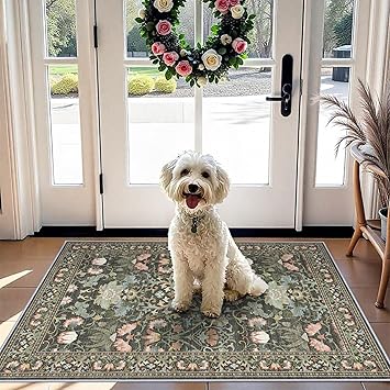 Washable 2x3 Entryway Area Rugs: Vintage Soft Floral Thin Doormat with Non Slip Backing Water Resistant Bathroom Laundry Rug for Kitchen Indoor Carpet for Bedroom Low Pile Floor Mat (2x3,Green)