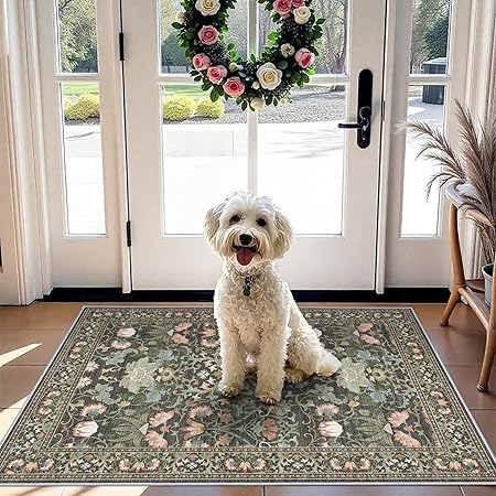 Washable 2x3 Entryway Area Rugs: Vintage Soft Floral Thin Doormat with Non Slip Backing Water Resistant Bathroom Laundry Rug for Kitchen Indoor Carpet for Bedroom Low Pile Floor Mat (2x3,Green)