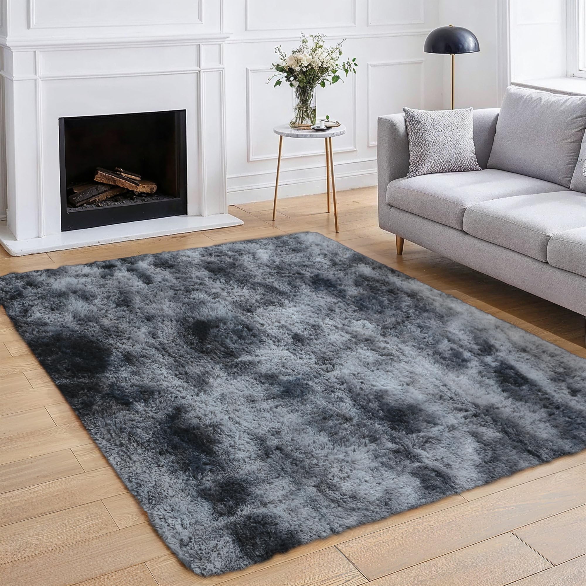 BEIMO Soft Fluffy Rugs for Bedrooms 120x170cm, Tie Dye Super Plush Shaggy Area Rug, Faux Fur Carpets, High Pile Rug Non Shedding, Soft Rugs for Living Room, Black & Grey — image 1