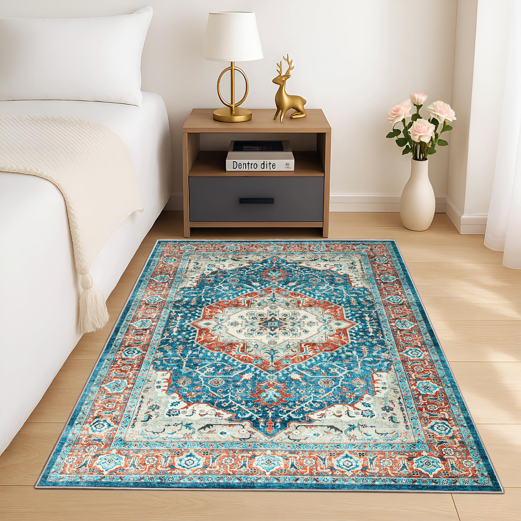 MOONLIGHT20015 Washable Rugs Living Room 80x150 cm - Fluffy Vintage Area Rugs for Bedroom - Non Slip Low Pile Soft Boho Rug Carpets for Lounge - Traditional Large Bedside Rug Easy To Clean, Regal
