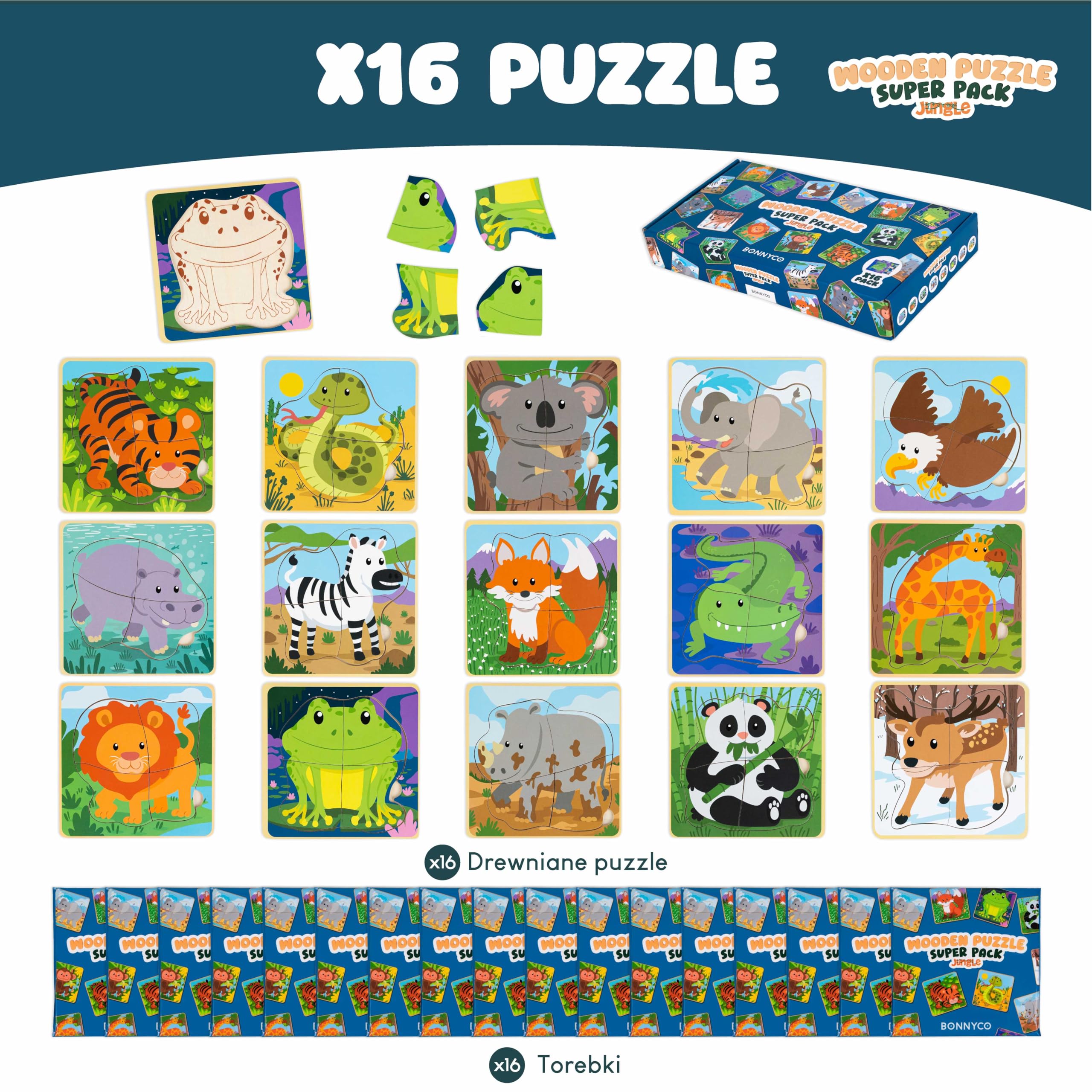 BONNYCO Zestaw 4 Drewnianych Puzzli - 16 Upominków do Toreb na Przyjęcia dla Dzieci w Wieku od 1 do 5 lat. Pomysły na Prezenty Urodzinowe Zabawki Maluchów Nagrody Klasowe Niemowląt