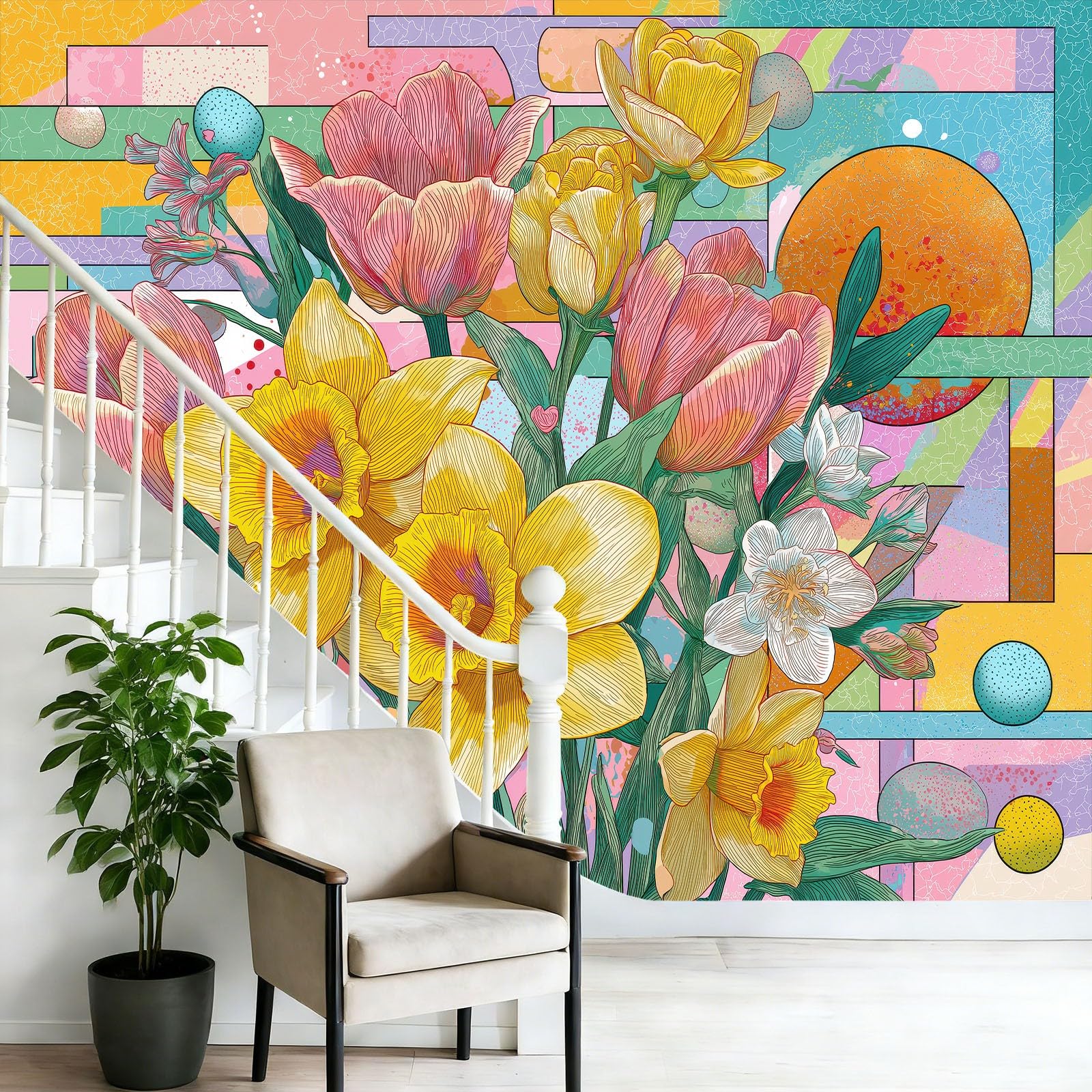 Tapeta Rośliny Kwiaty Geometria Kolorowe Bloki Malowidła Ścienne Fototapety, Kolorowy Wystrój Ścienny Mural do Salonu Sypialni Pokój Dziecięcy Dekoracja Wnętrz 250 x 175 cm