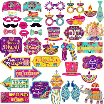 Diwali Photo Booth Props, 36Pcs Diwali Decorations Photo Props Diwali Party Photo Booth Props for India Light Festival Diwali Celebration Diwali Photo Booth Diwali Decorations for Home