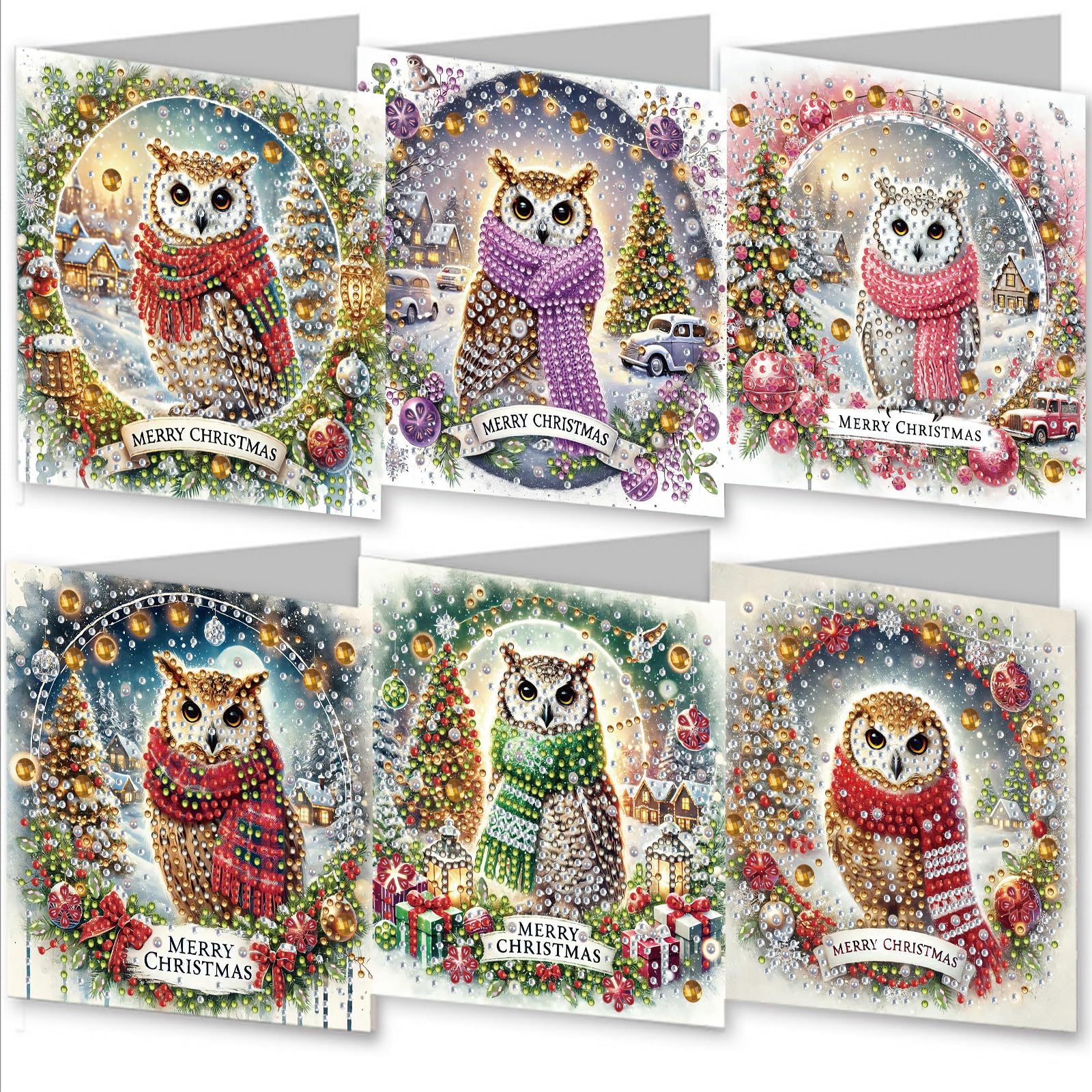 AYUCHYN ART 6 Pack Merry Christmas Mixed Greeting Cards Owl | 5D DIY Diamond Painting Crystal Art Cards Making Kit with Envelopes & Full Tools | Xmas Cards Gift Postcards for Handmade 30×15cm (Owl)