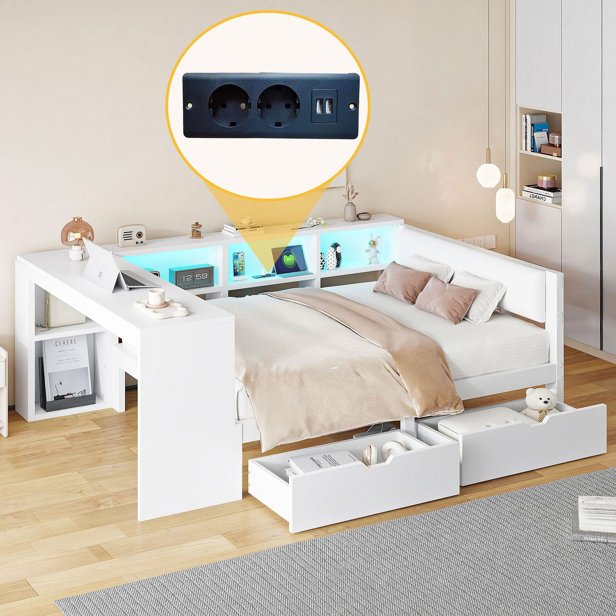 Tagesbett Doppelbett 140x200 cm mit LED Licht und USB, Schlafsofa Jugendbett Bett mit Stauraum und Schubladen, Holzbett Bettgestell mit Lattenrost und Schreibtisch, Weiß, Ohne Matratze