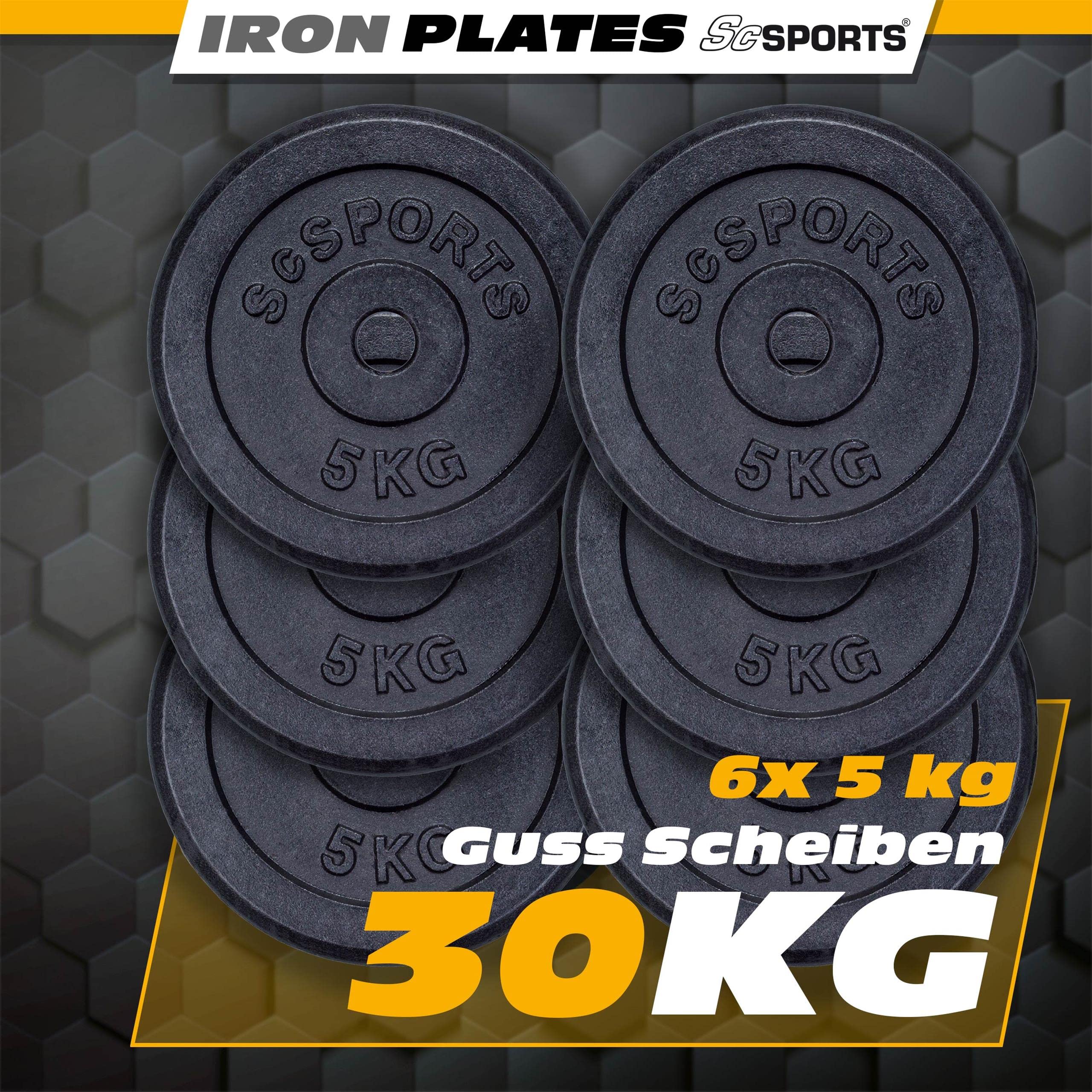 ScSPORTS® Dischi Palestra - Set da 30kg (6x5 kg), Robusto, Ghisa, Ø30/31mm - Pesi per Bilanciere e Manubri, Bodybuilding, Powerlifting, Weights, Fitness a Casa, Braccia, Sollevamento