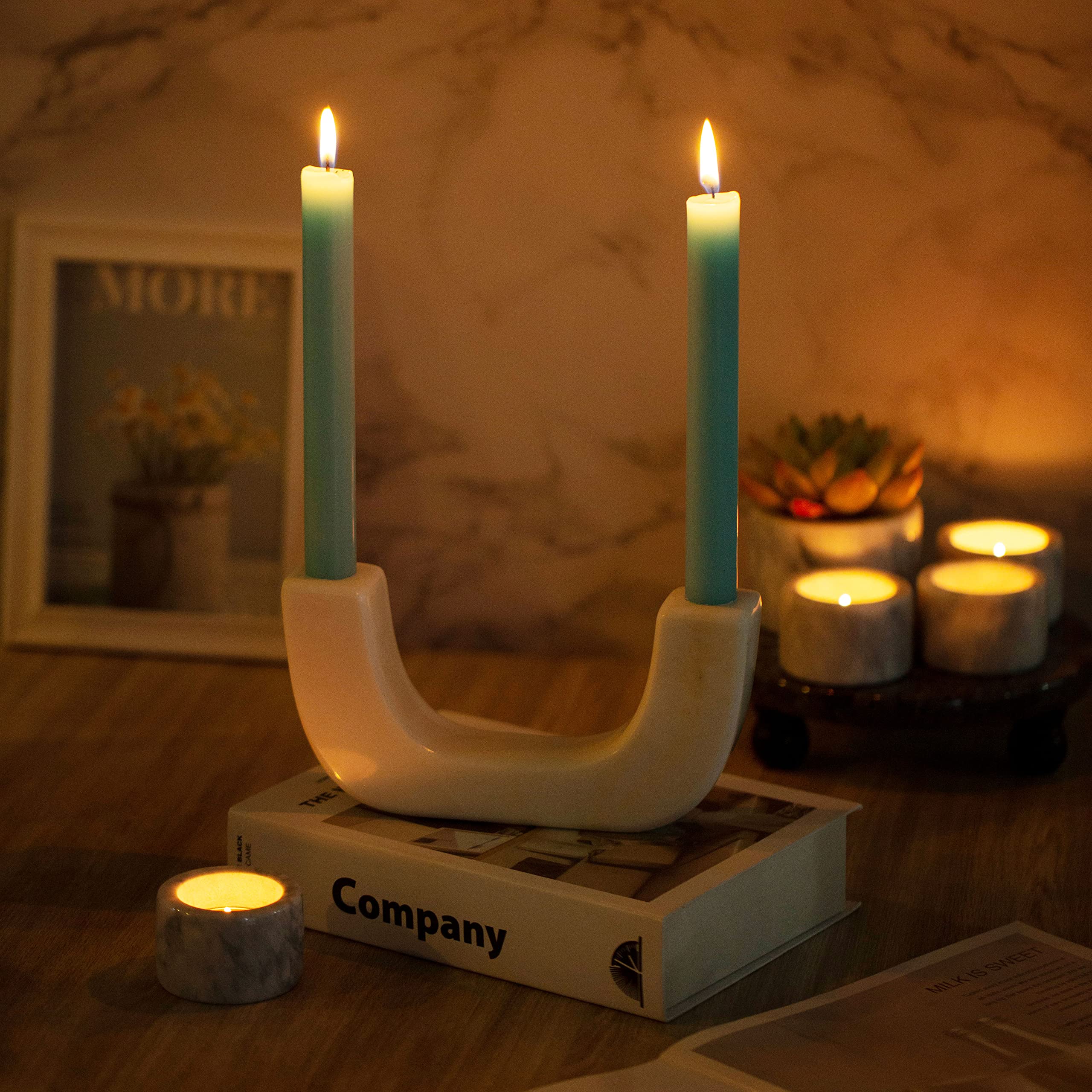 Bougeoir moderne à 3 mèches en marbre pour décoration d'intérieur (blanc naturel)