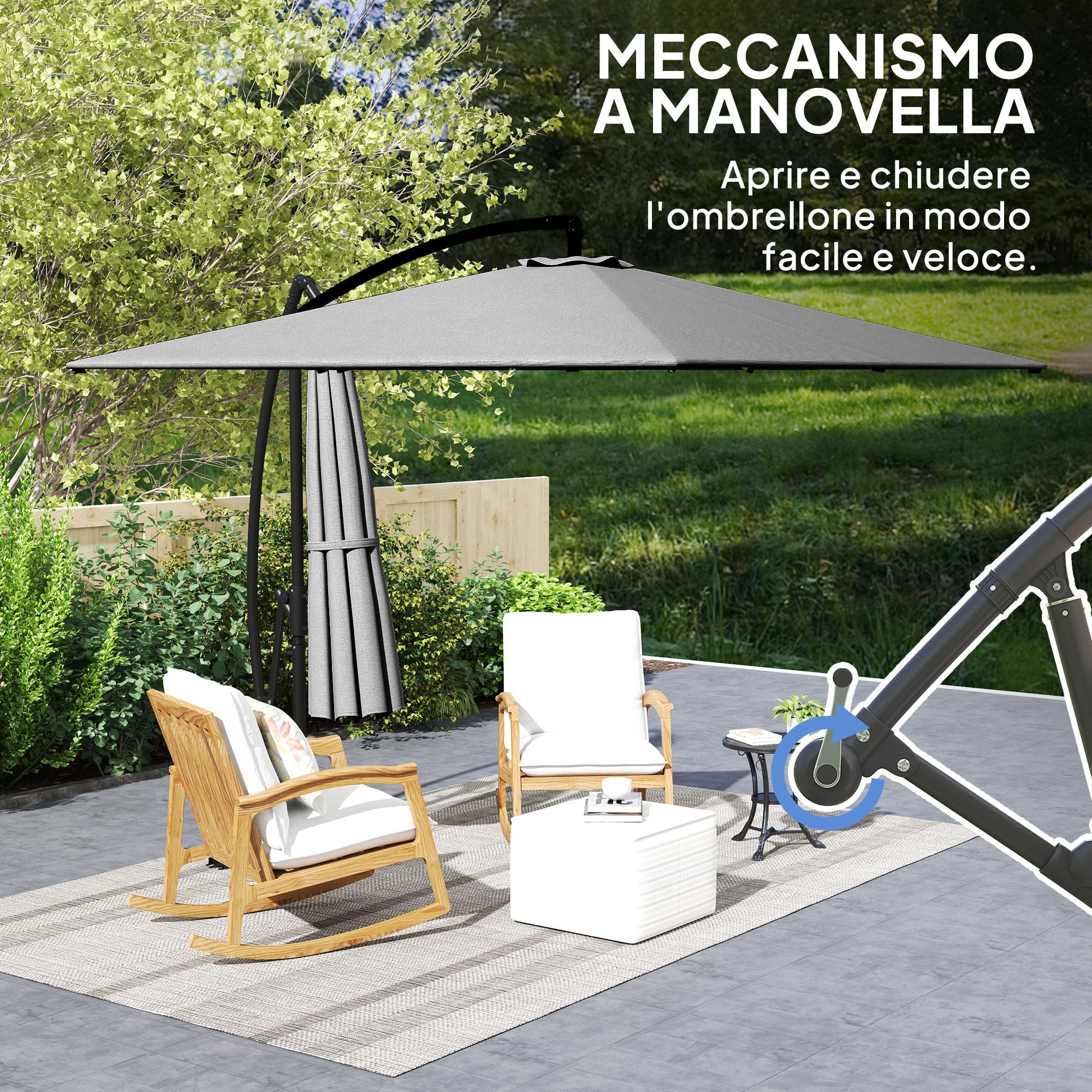 Outsunny Ombrellone Decentrato 2.5x2.5 m con Copertura, Corde Antivento, Base a Croce e Manovella, Ombrellone da Giardino Inclinabile e Girevole a 360° in Metallo e Poliestere 180 g/㎡, UV50+, Grigio