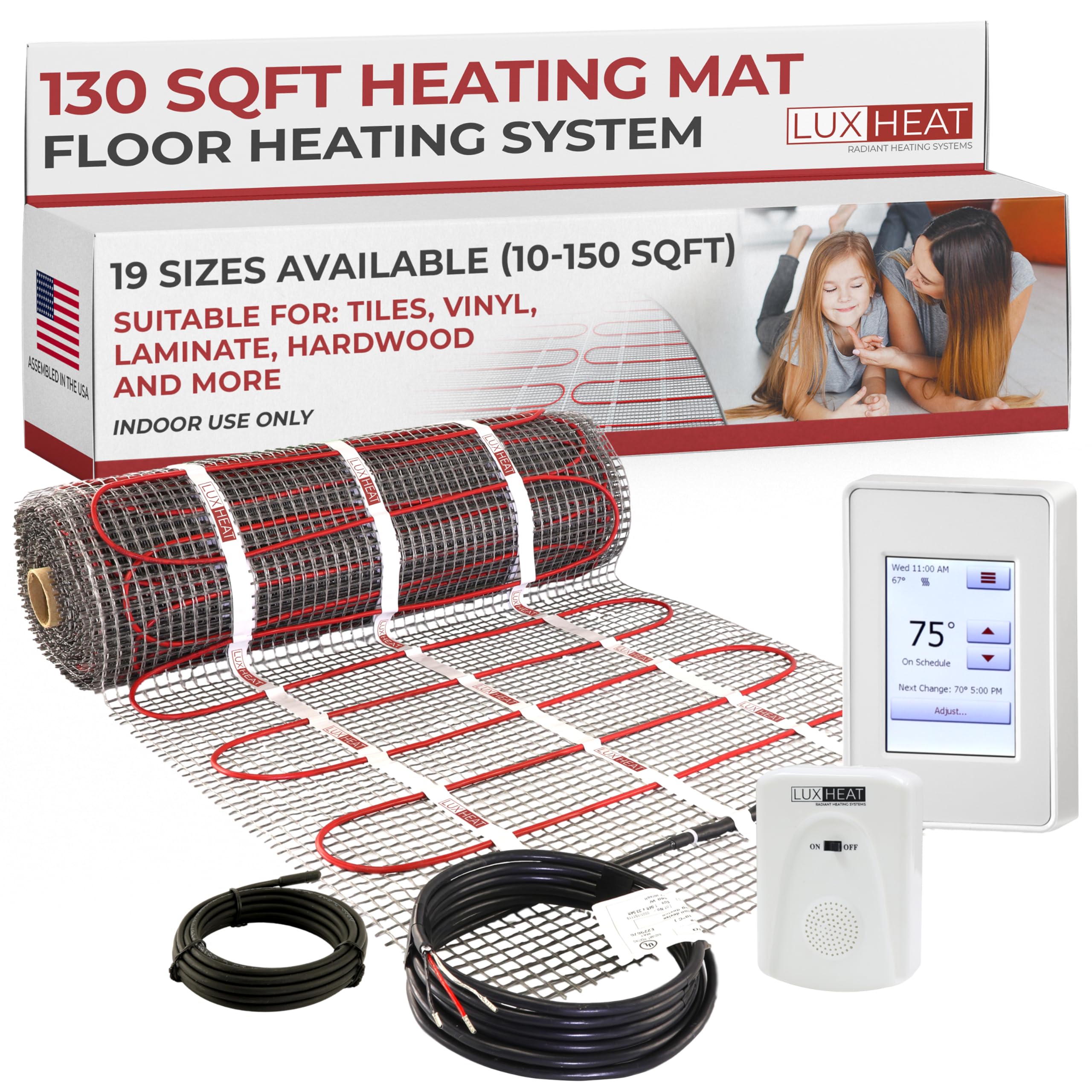 LuxHeat 130sqft Floor Heating Mat Kit – 120v Electric Floor Heat System – Radiant Heated Flooring System for Tile & Laminate - Includes UDG4 Programmable Thermostat w/GFCI, Alarm & Sensor