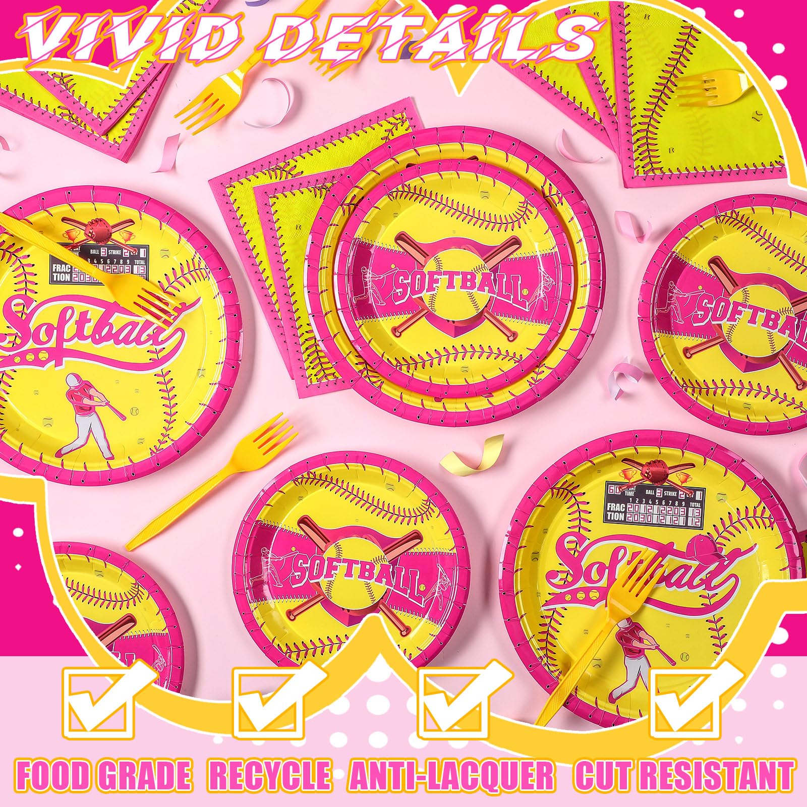 Softball Party Supplies - 64pc Red & Yellow Disposable Tableware Set For 24 Guests