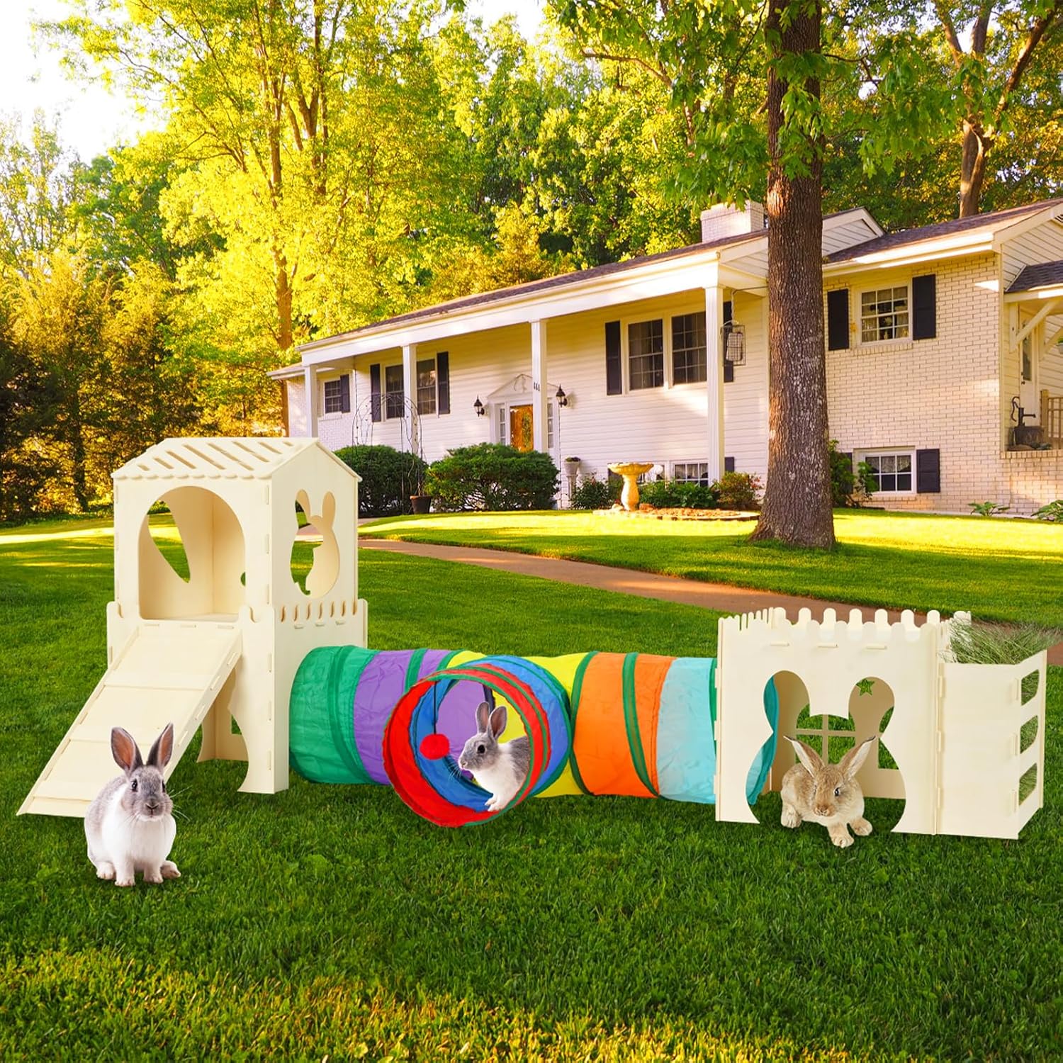 Extra Large Rabbit Hideout, Wooden Bunny Castle with Tunnel and Stair, Rabbit House Tower with Hay Feeder Sturdy Habitat for Guinea Pig Chinchilla Ferret Hamster
